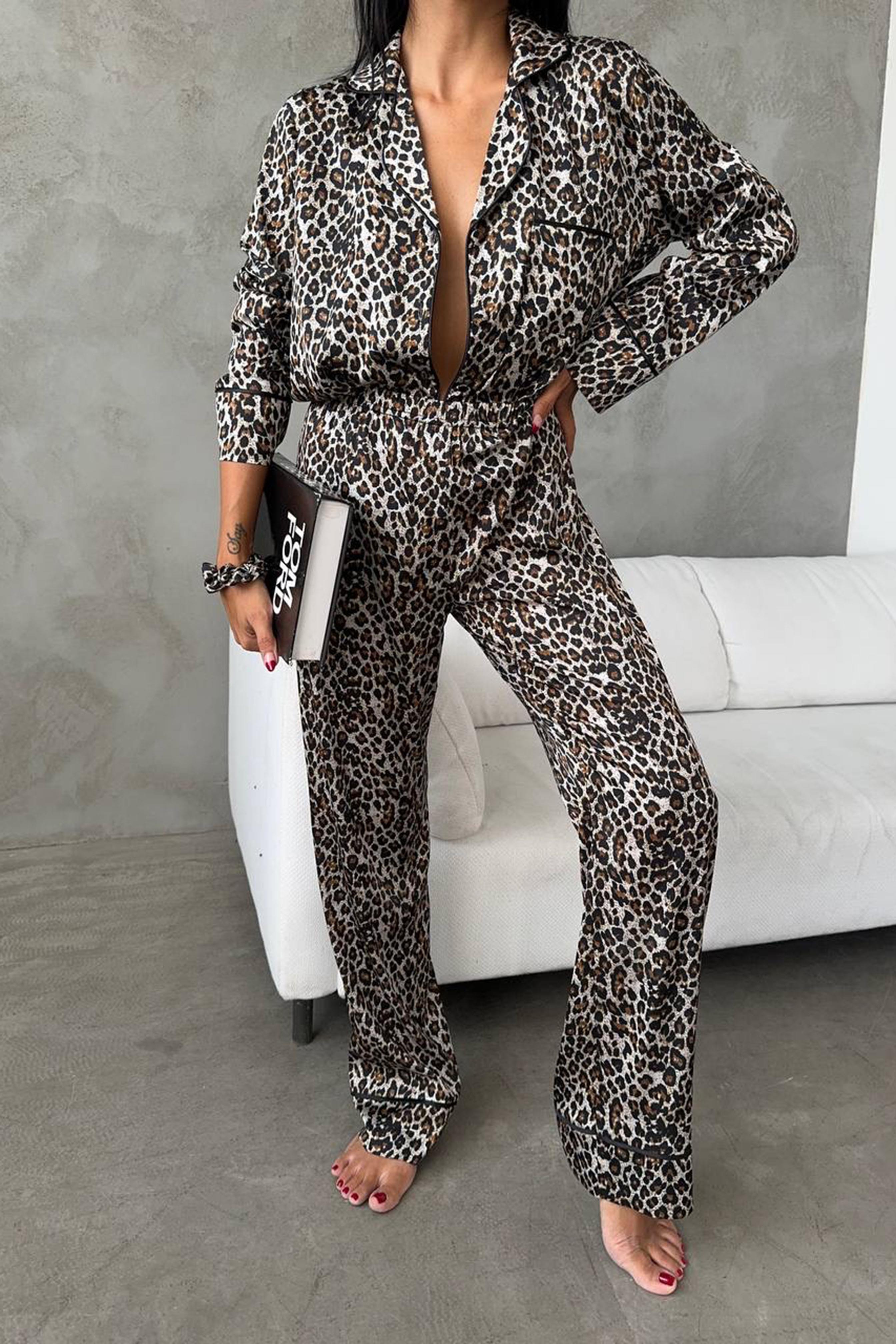 Leopardo Verde Saten Uzun Pijama Takımı Vizon