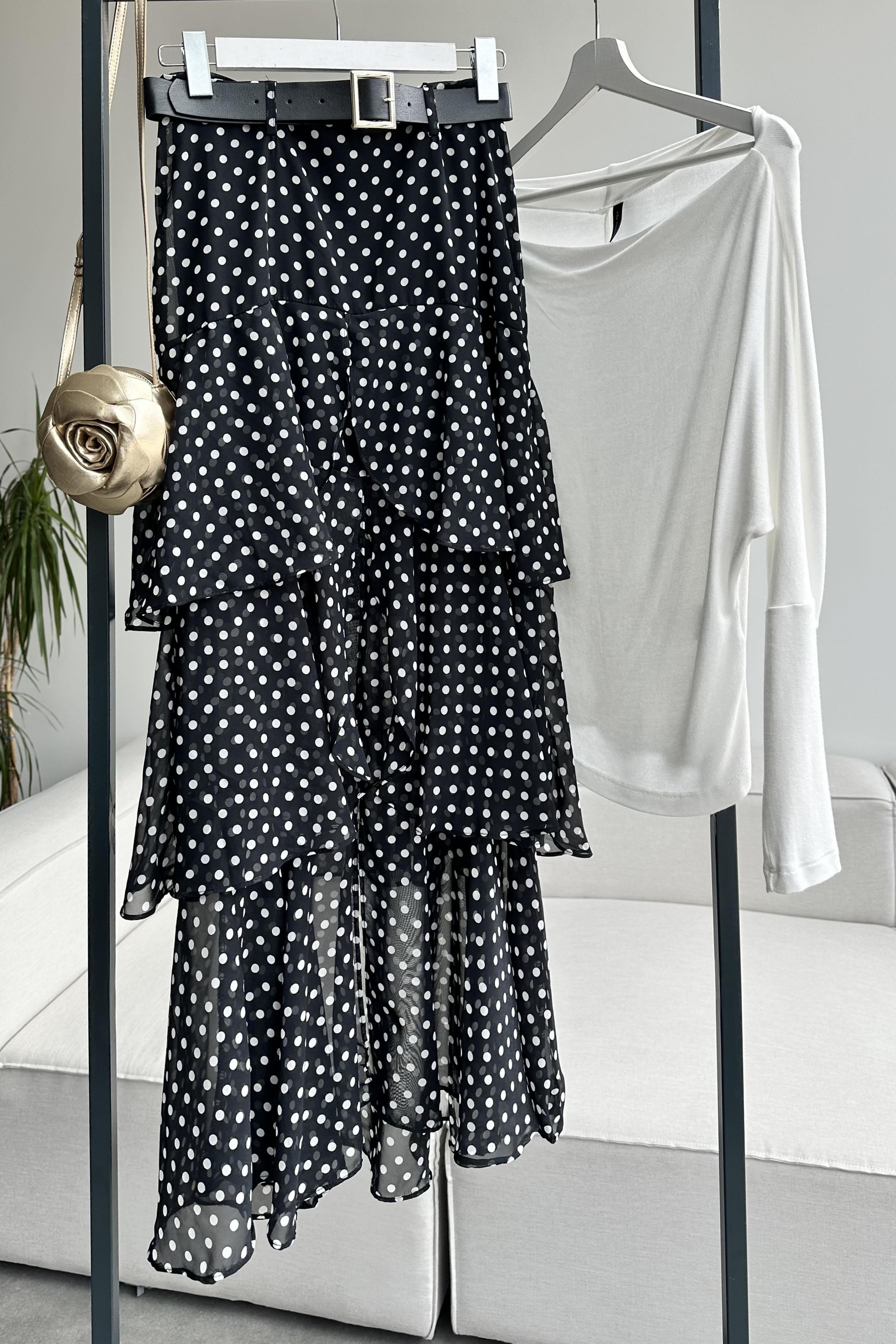 Lina Polka Dot Katlı Şifon Etek Siyah