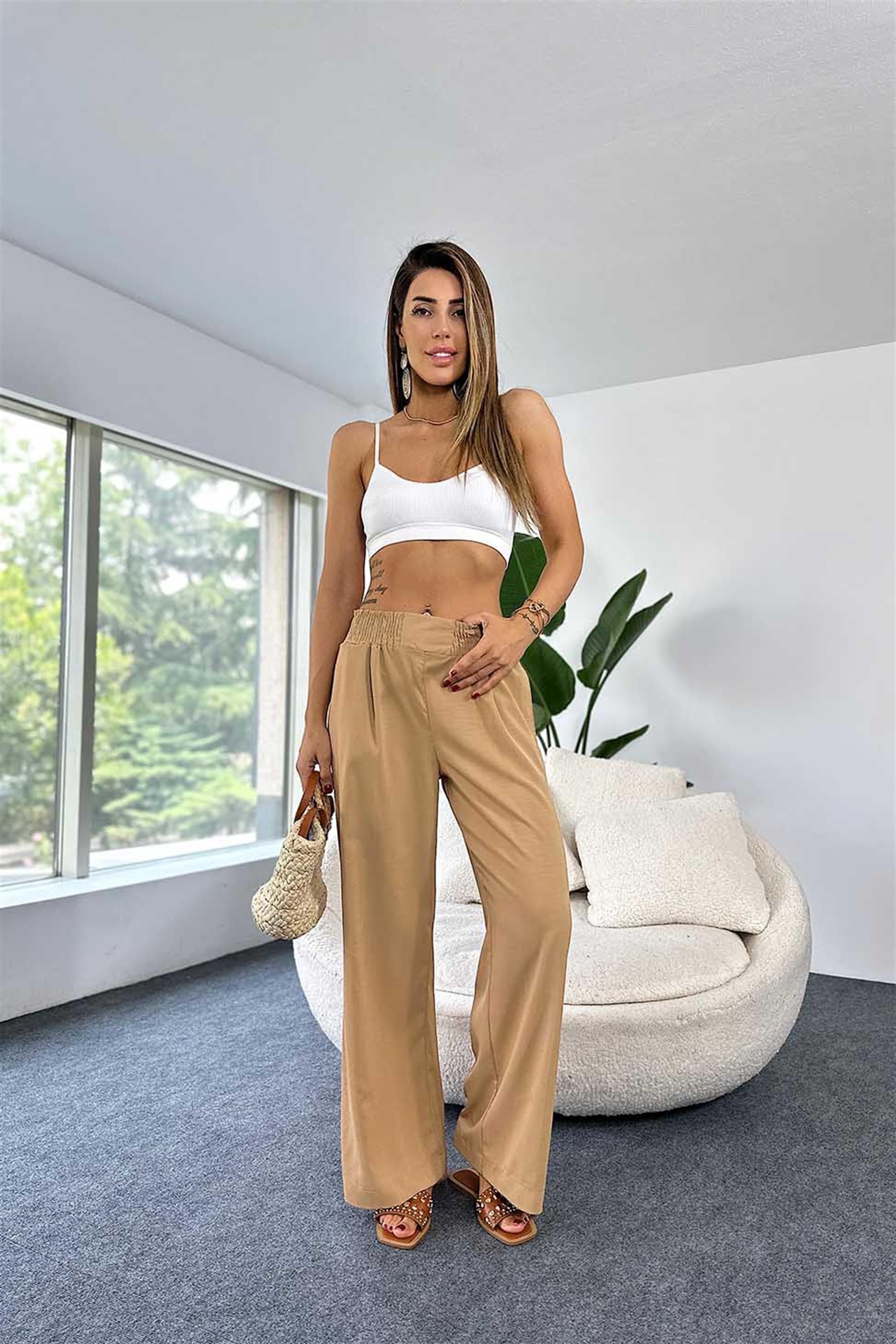 Lüks Kalite Beli Lastikli Cep Detaylı Salaş Pantalon Camel