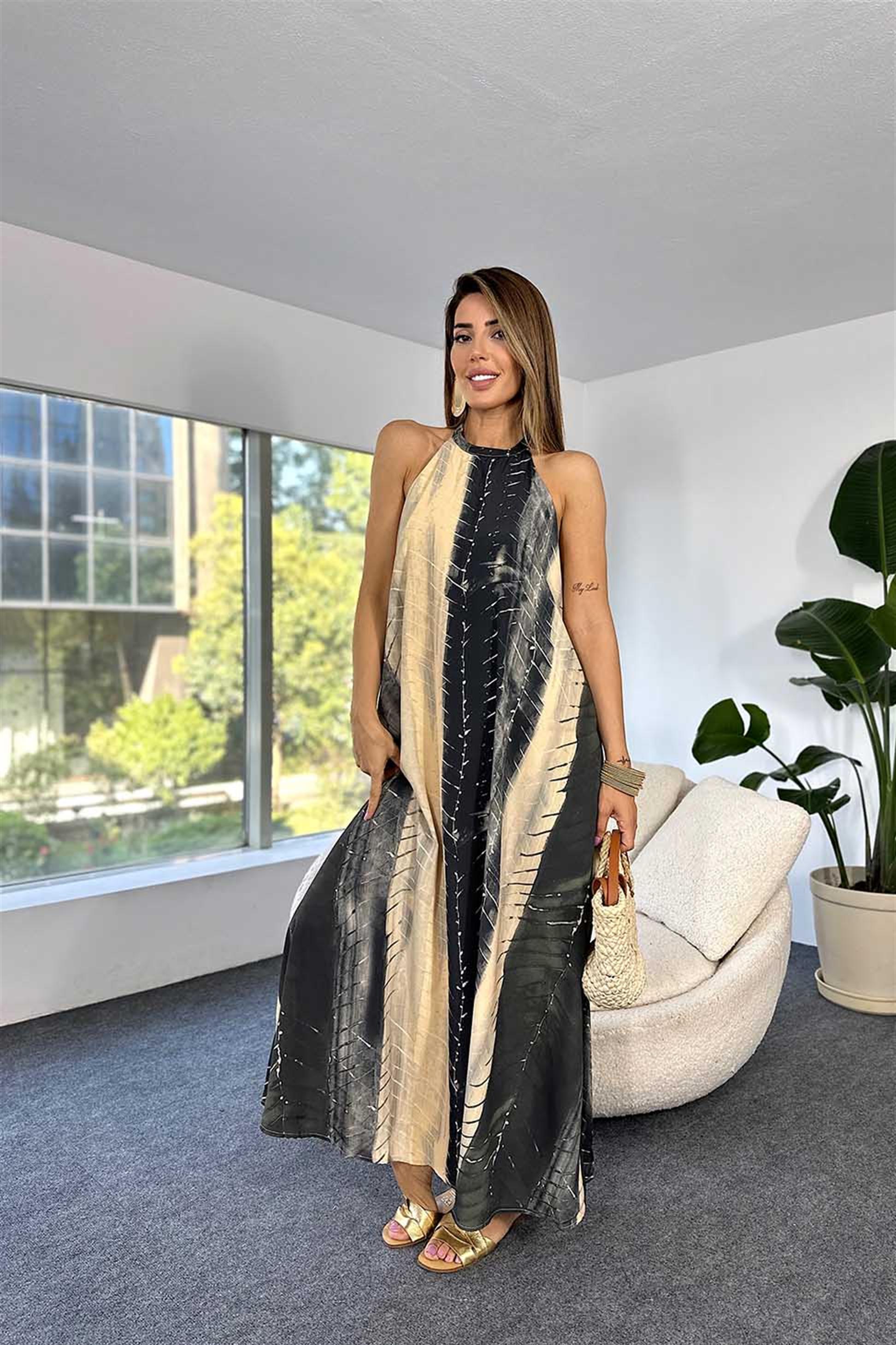 Lüks Kalite Desenli Sırt Dekolteli Elbise Siyah