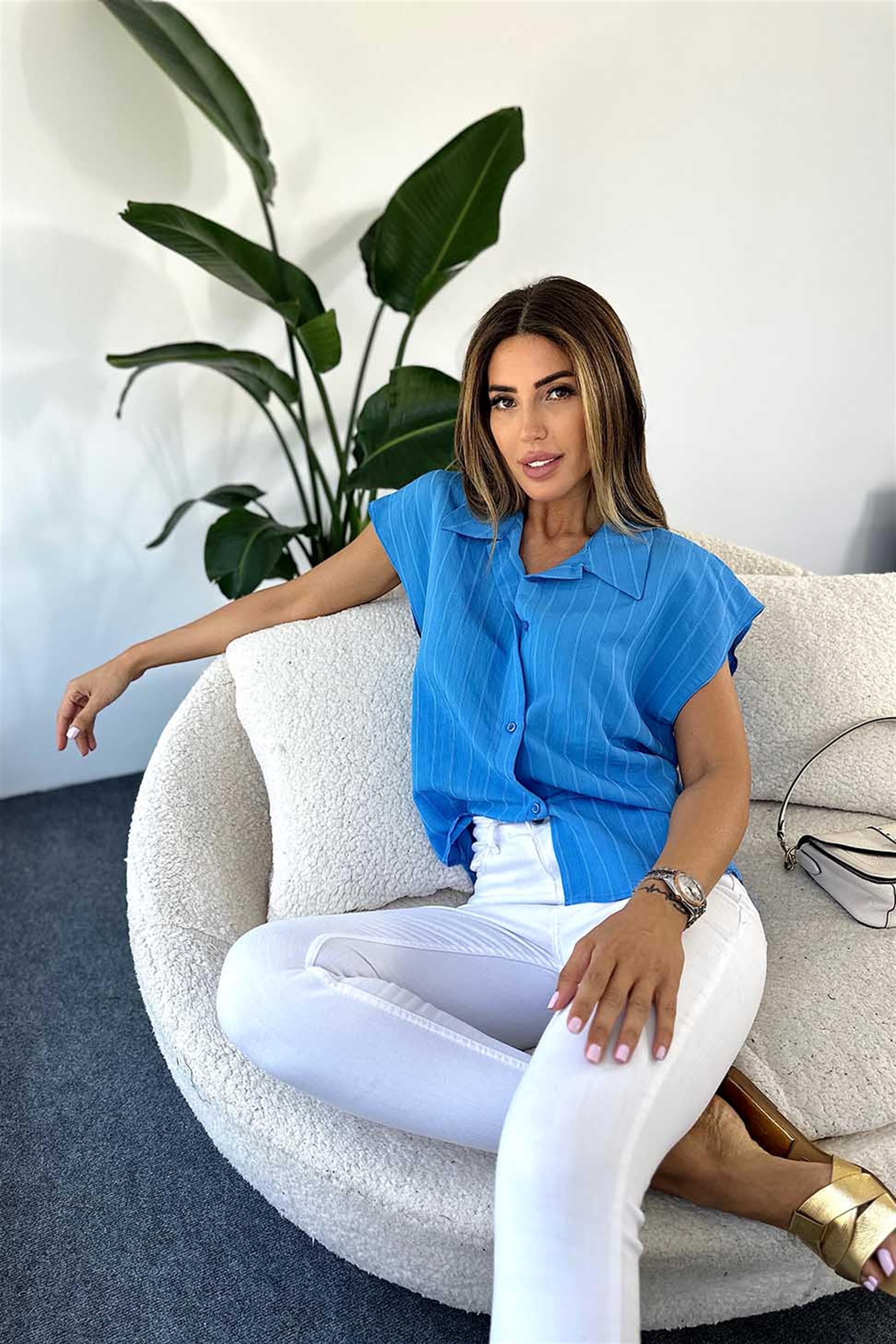 Lüks Kalite Dökümlü Viskon Kumaş Kolsuz Kadın Gömlek Mavi