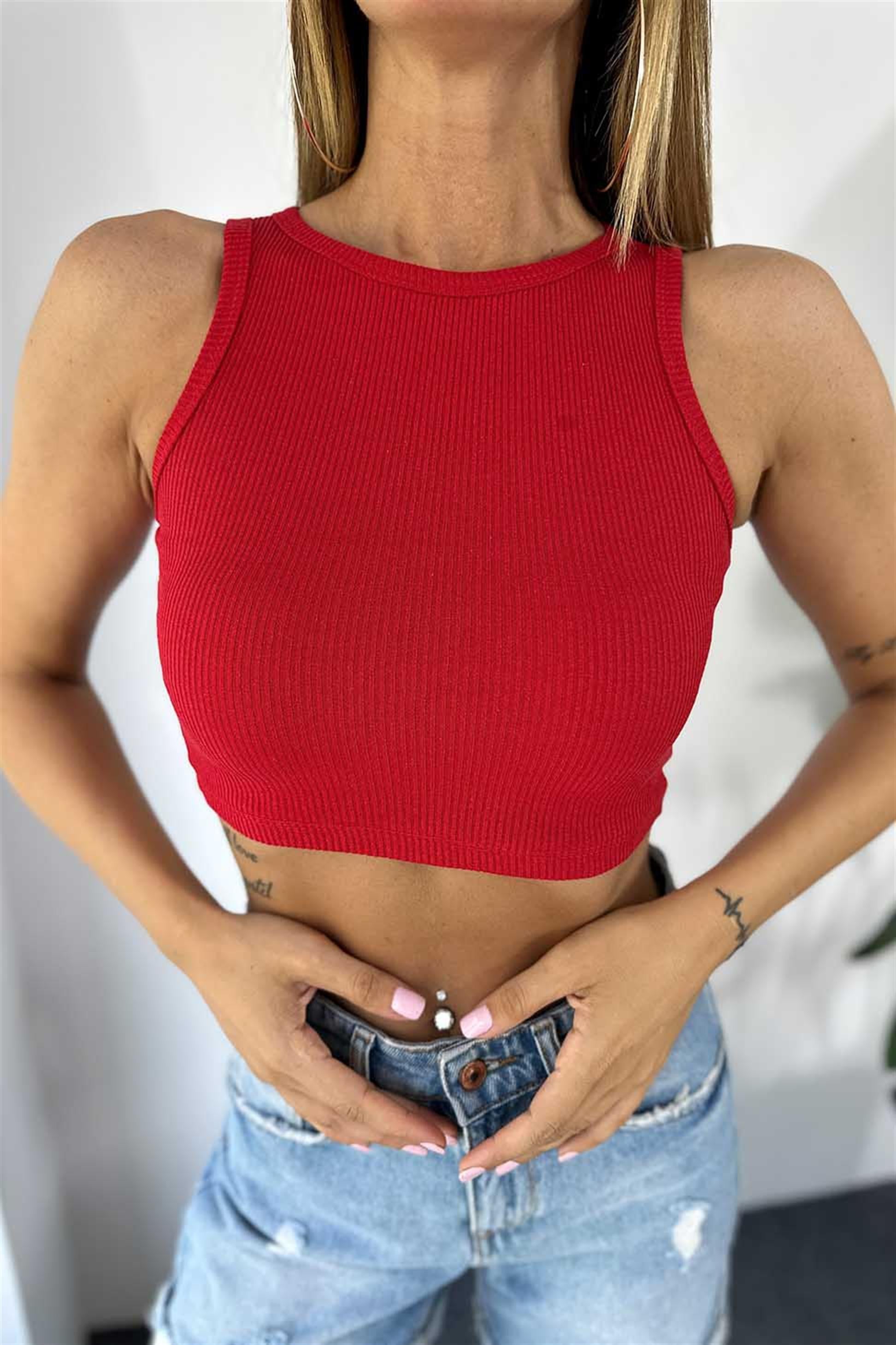 Lüks Kalite Fitilli Halter Yaka Crop Kırmızı · 2