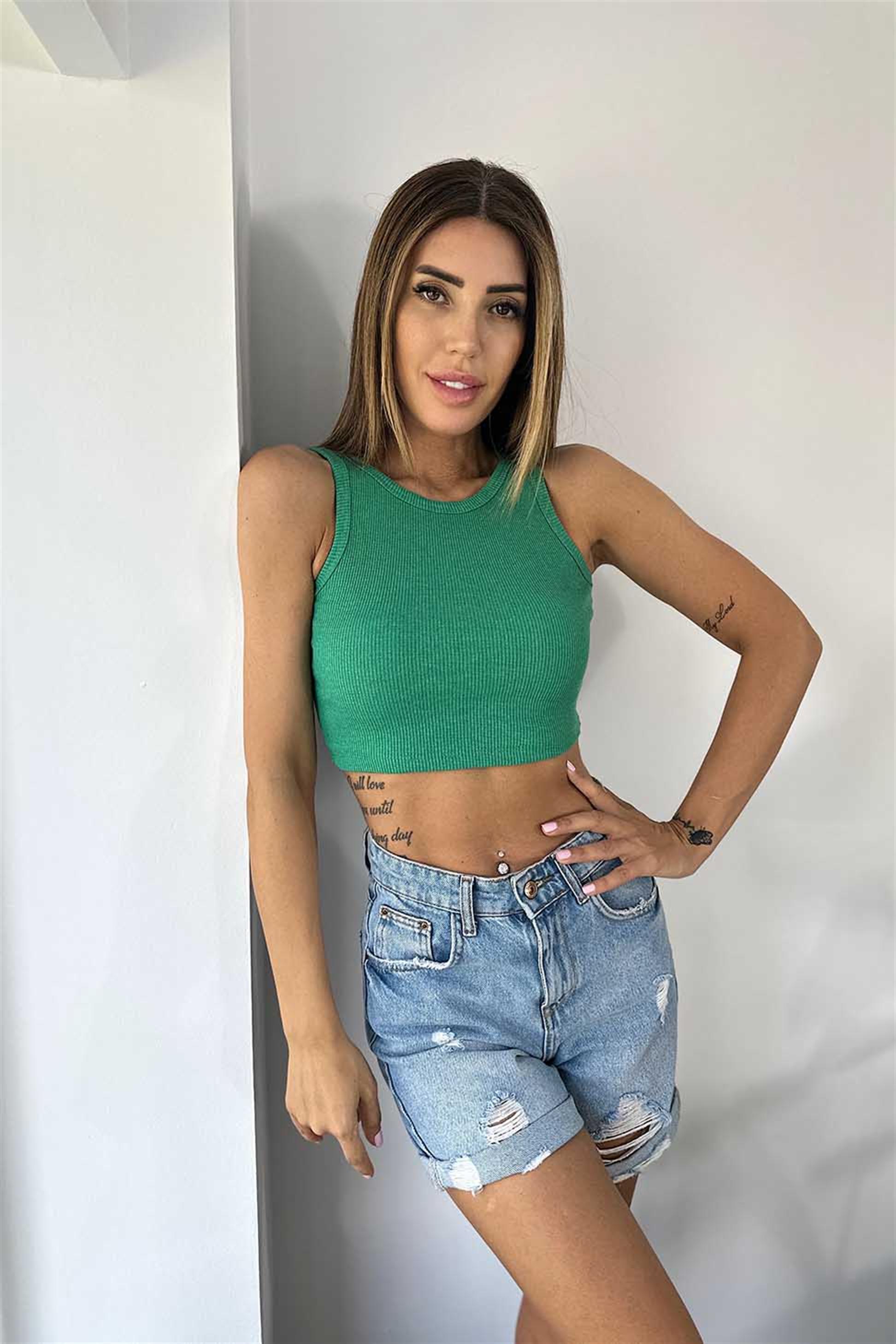 Lüks Kalite Fitilli Halter Yaka Crop Yeşil · 6