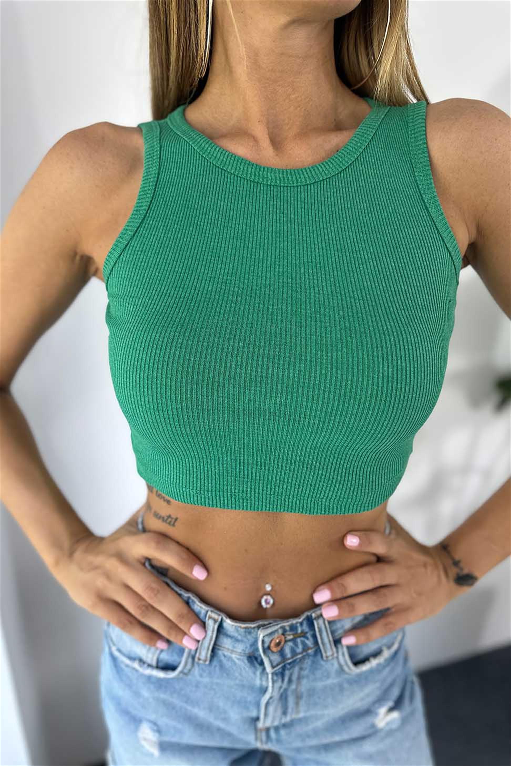 Lüks Kalite Fitilli Halter Yaka Crop Yeşil · 7