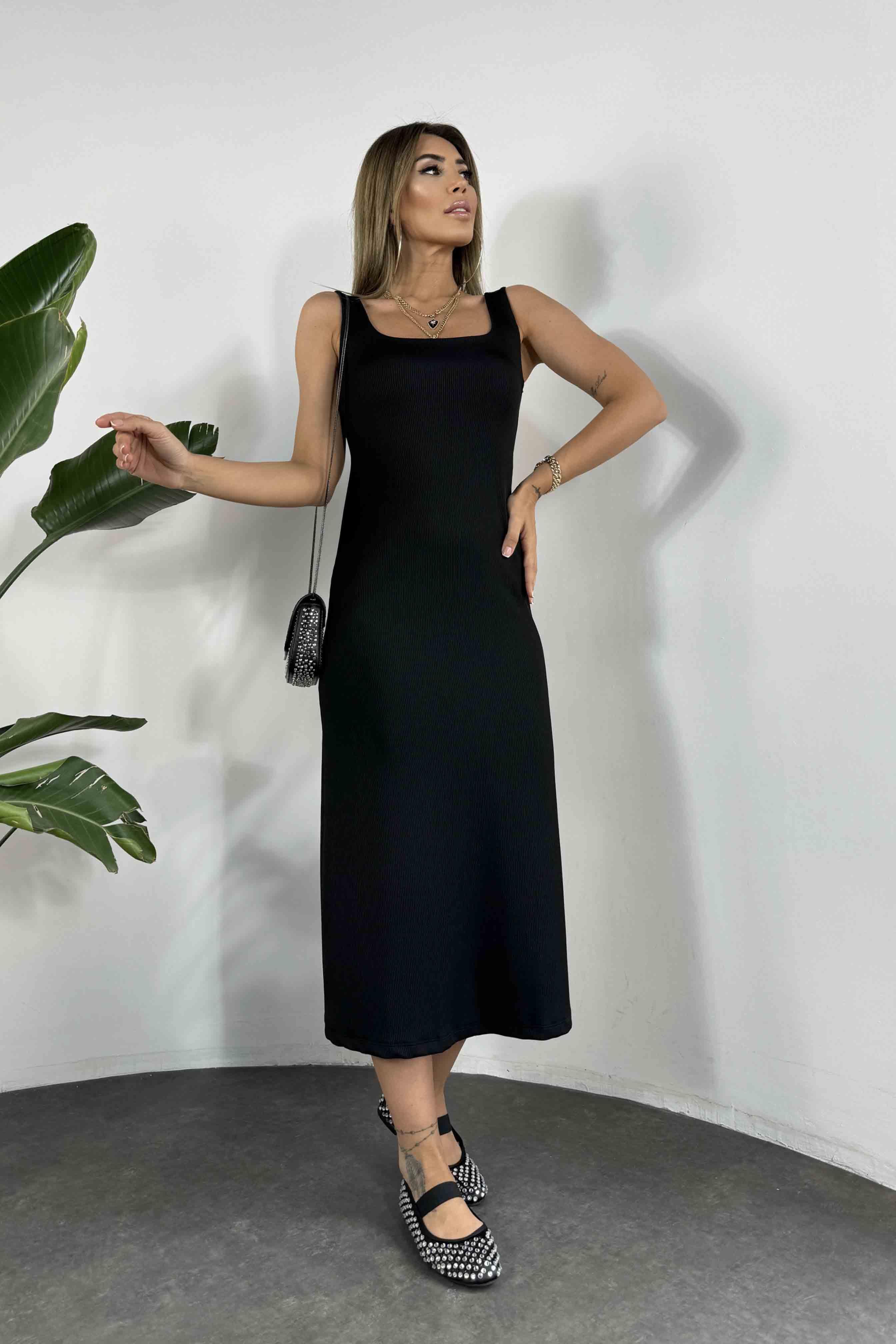 Lüks Kalite Fitilli Triko Elbise Siyah