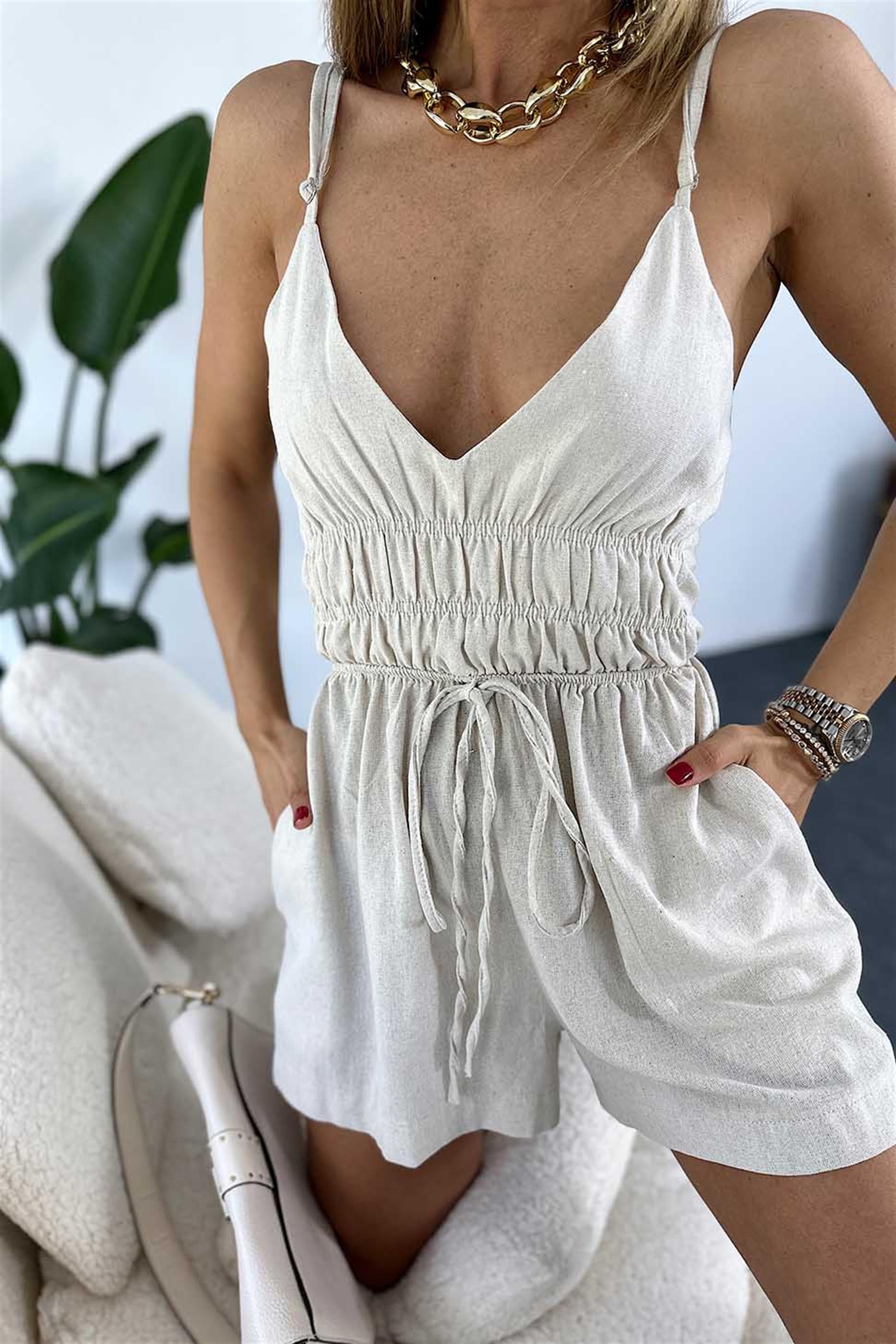 Lüks Kalite Keten Dokulu Beli Lastikli Şort Tulum Taş · 2