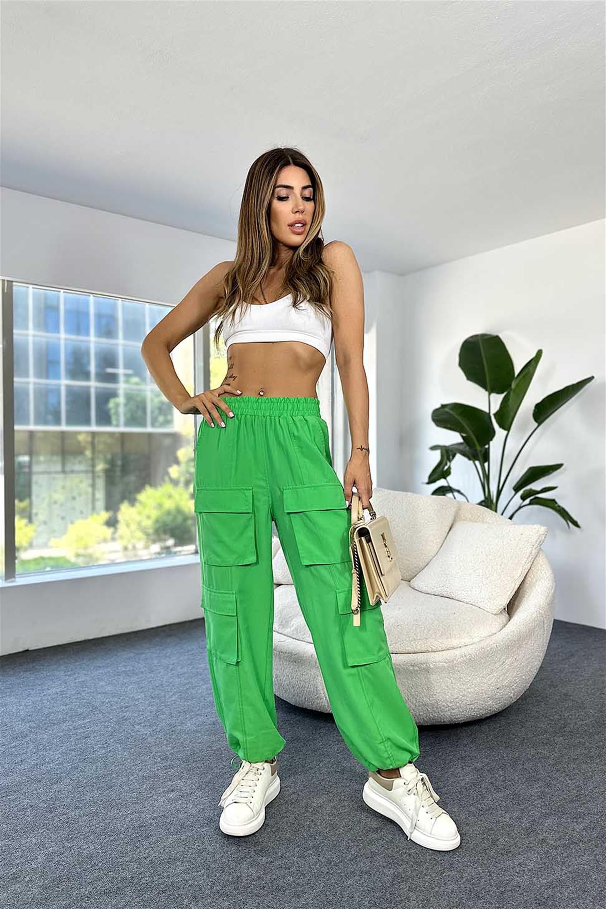 Lüks Kalite Paçası İp Bağlamalı Kargo Cep Kadın Pantalon Yeşil