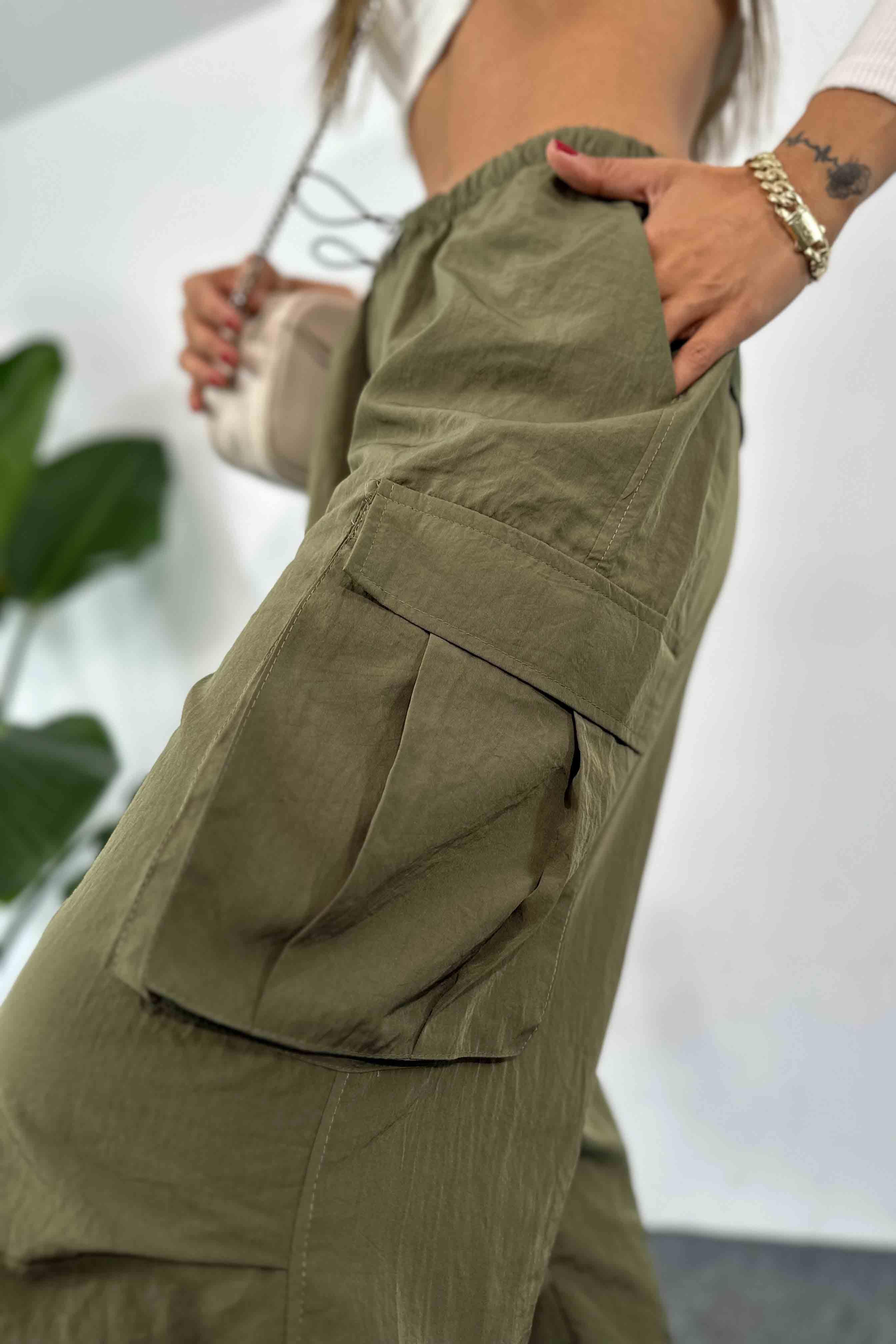 Lüks Kalite Paraşüt Kumaş Beli Lastikli Cep Detay Kargo Pantolon Haki · 6