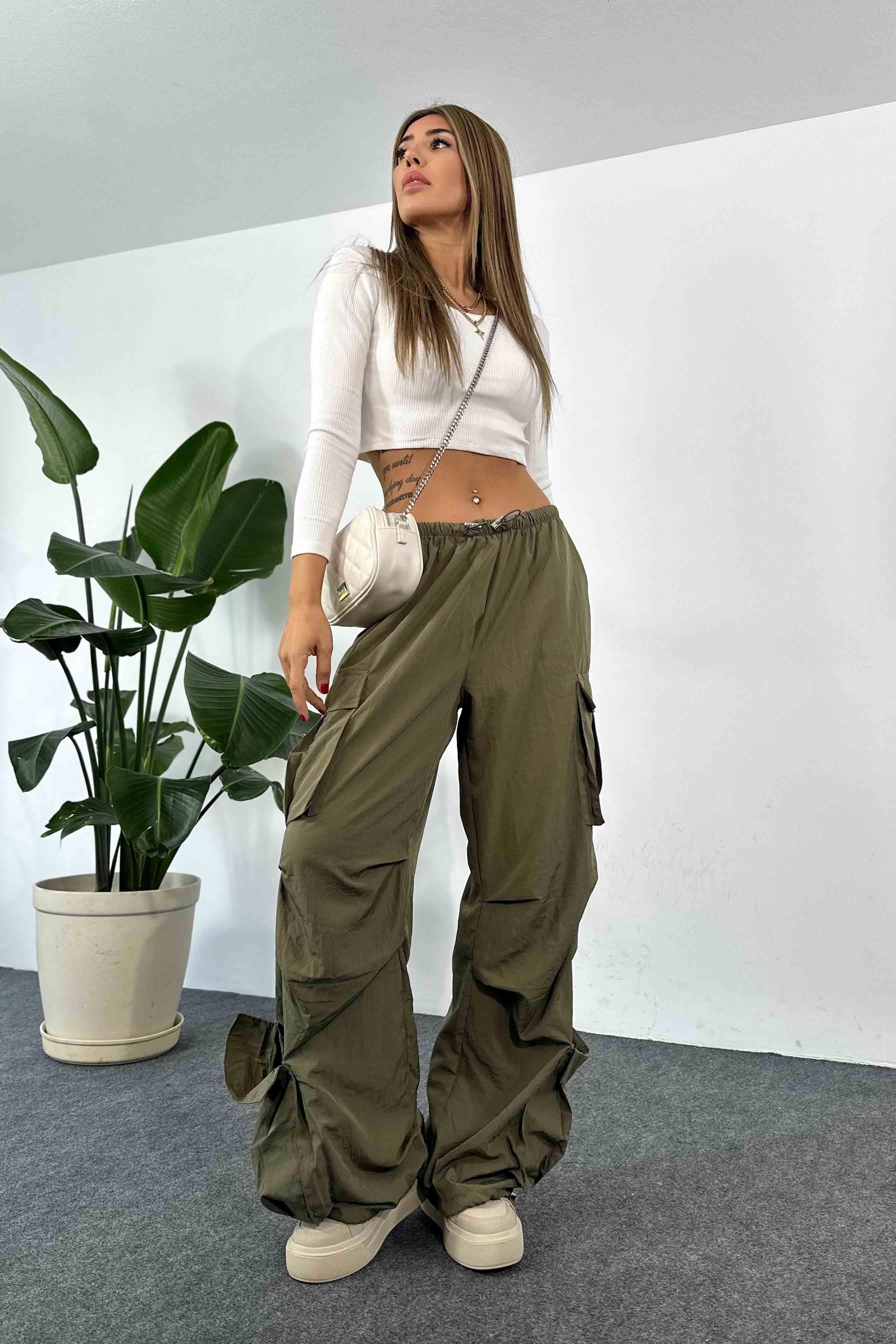 Lüks Kalite Paraşüt Kumaş Beli Lastikli Cep Detay Kargo Pantolon Haki