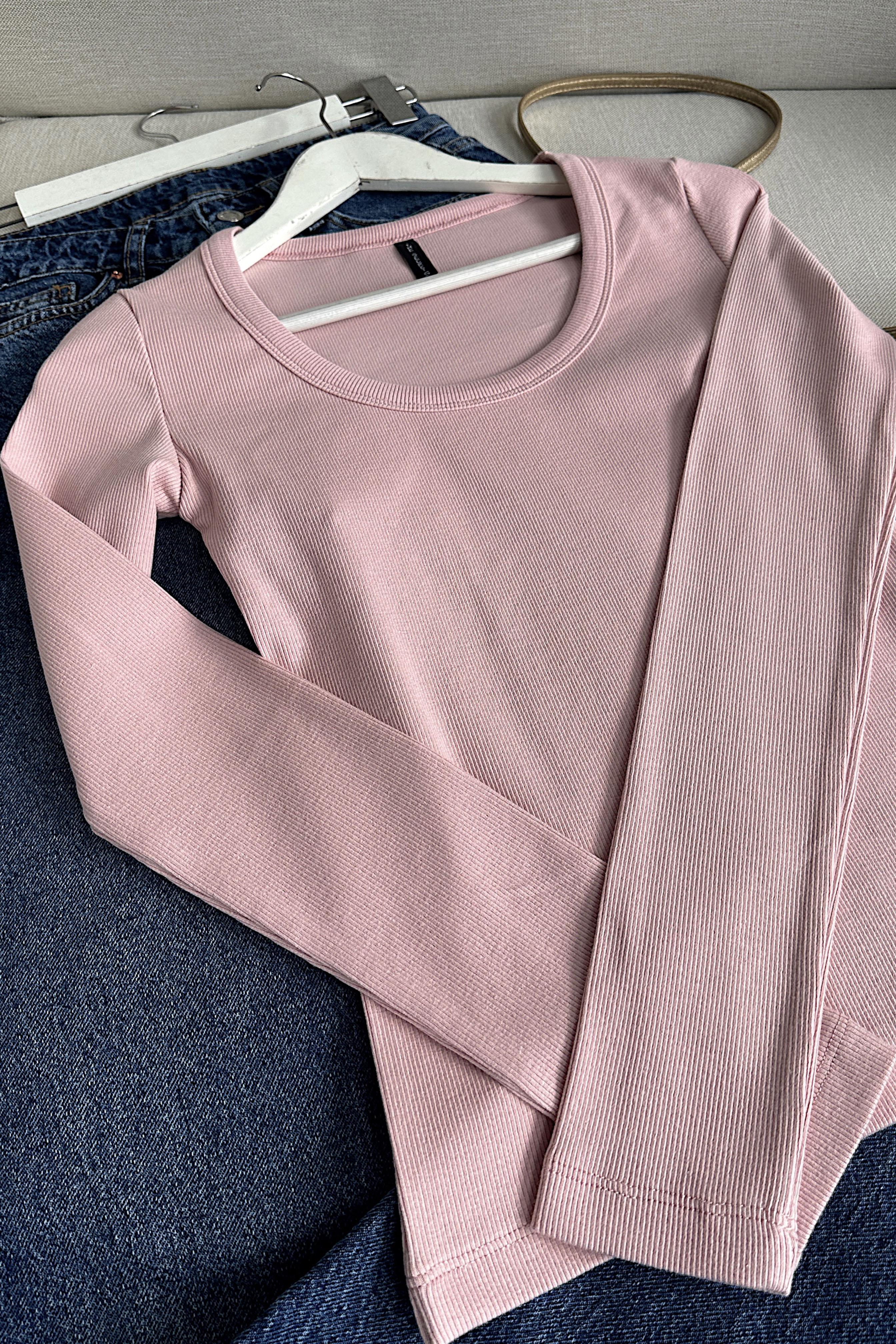 Lüks Kalite U Yaka İnce Fitilli Bluz Toz Pembe