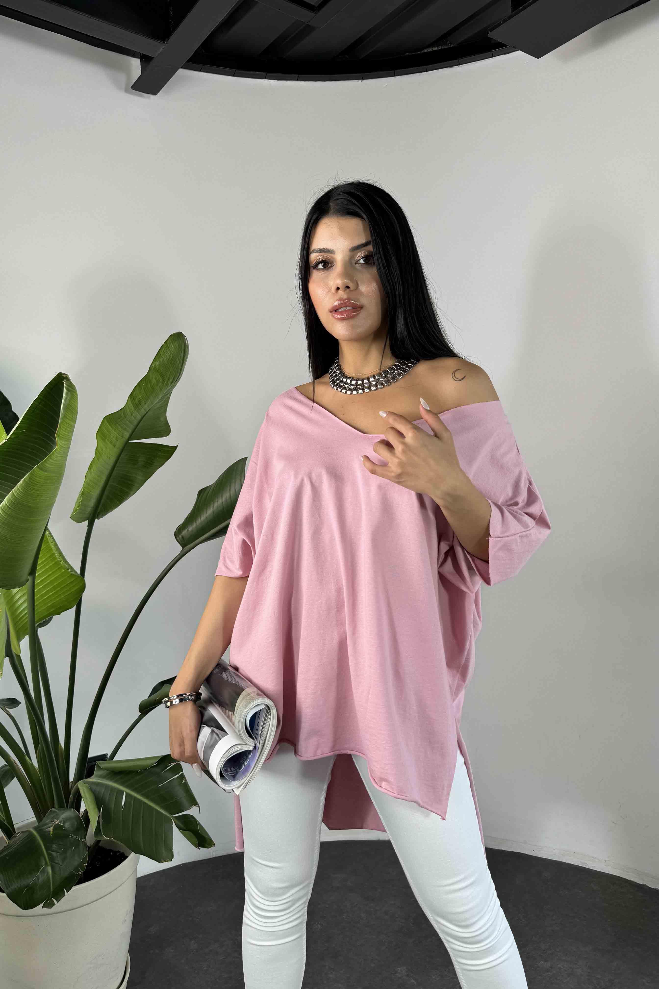 Lüks Kalite Viskon Kumaş Lazer Kesim Oversize Tişört Pembe