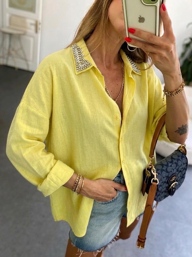 Lüks Kalite Yakası Taşlı Oversize Gömlek Sarı
