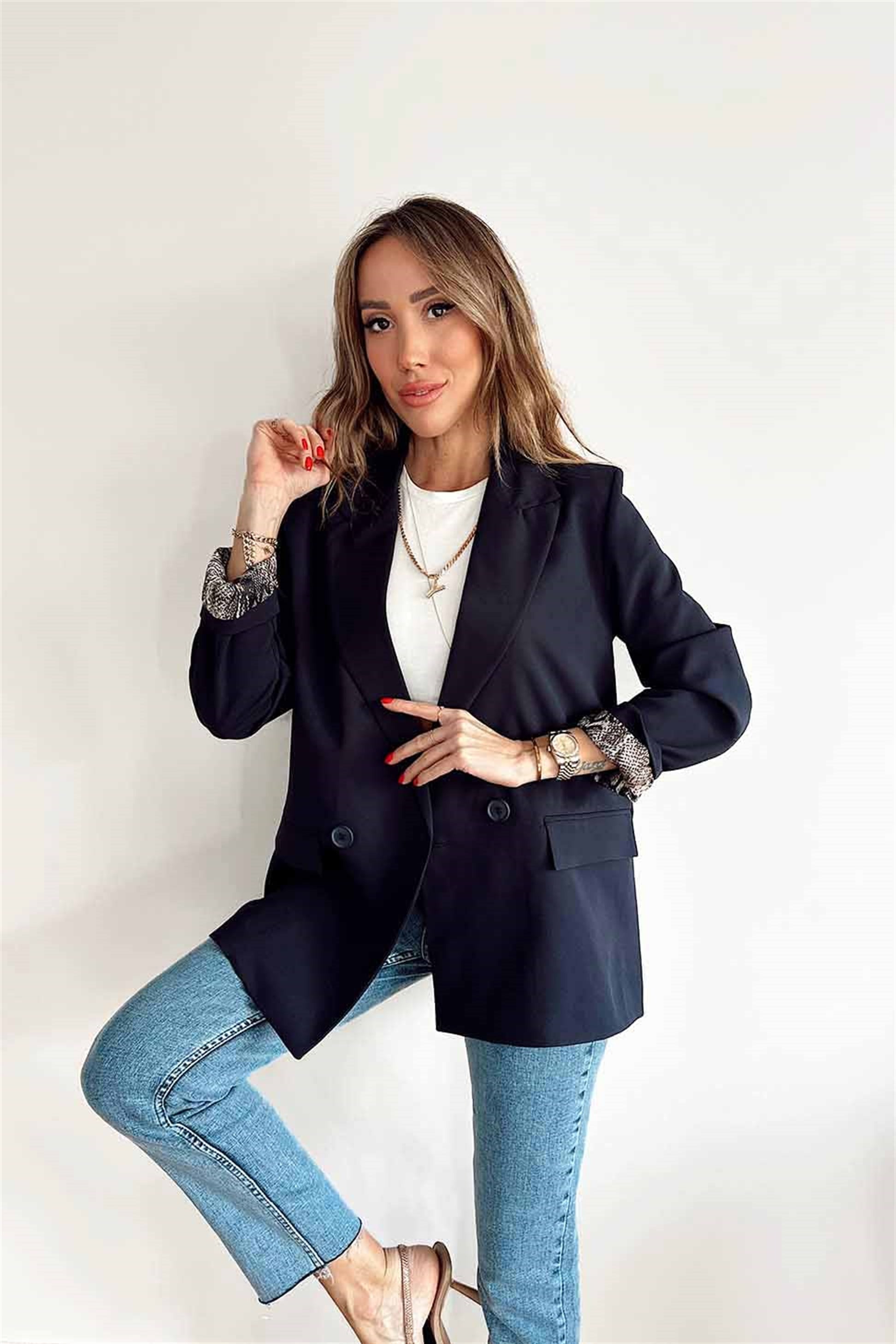 Lüks Kalite Yılan Desen Astarlı 2 Düğmeli Tasarım Blazer Ceket Lacivert