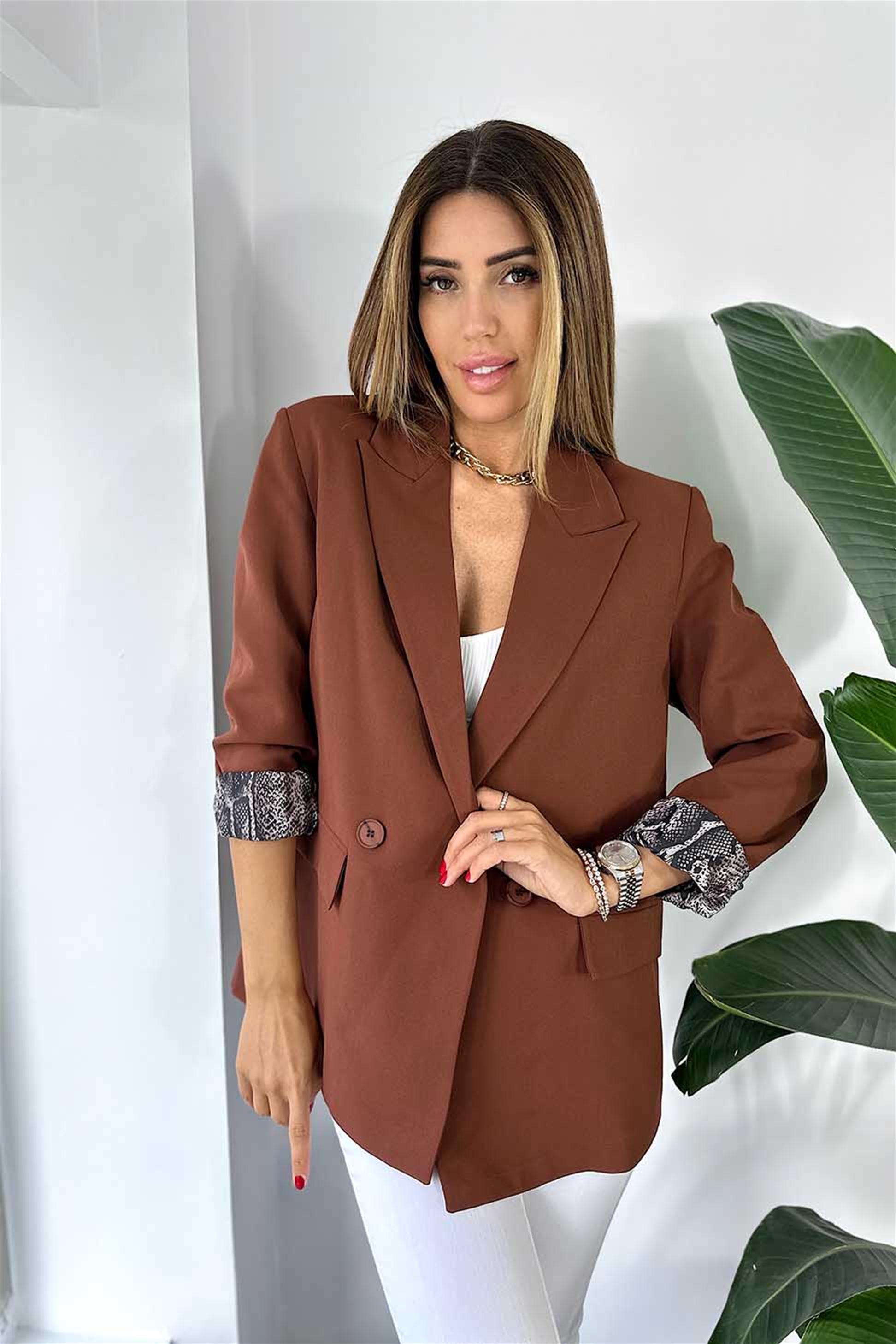 Lüks Kalite Yılan Desen Astarlı 2 Düğmeli Tasarım Blazer Ceket Acı Kahve