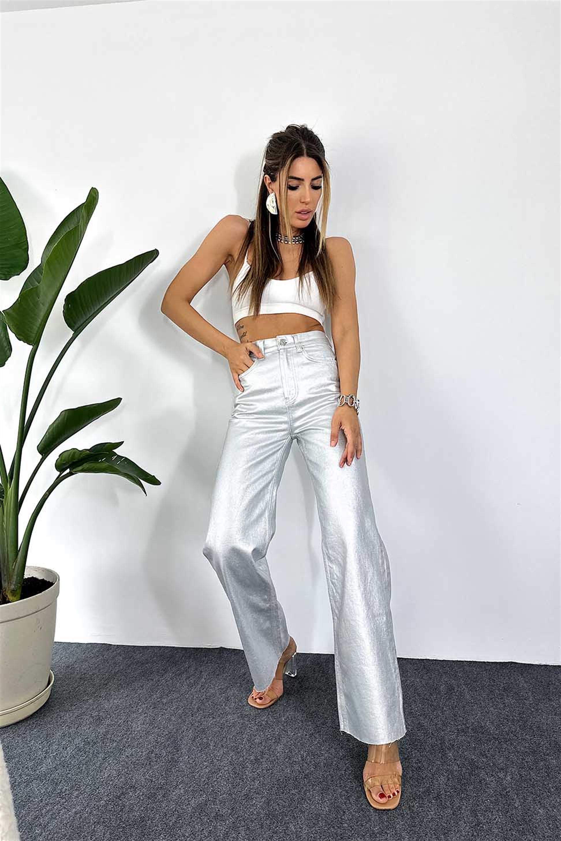 Lüks Kalite Yüksek Bel Metalik Kadın Pantalon Gri
