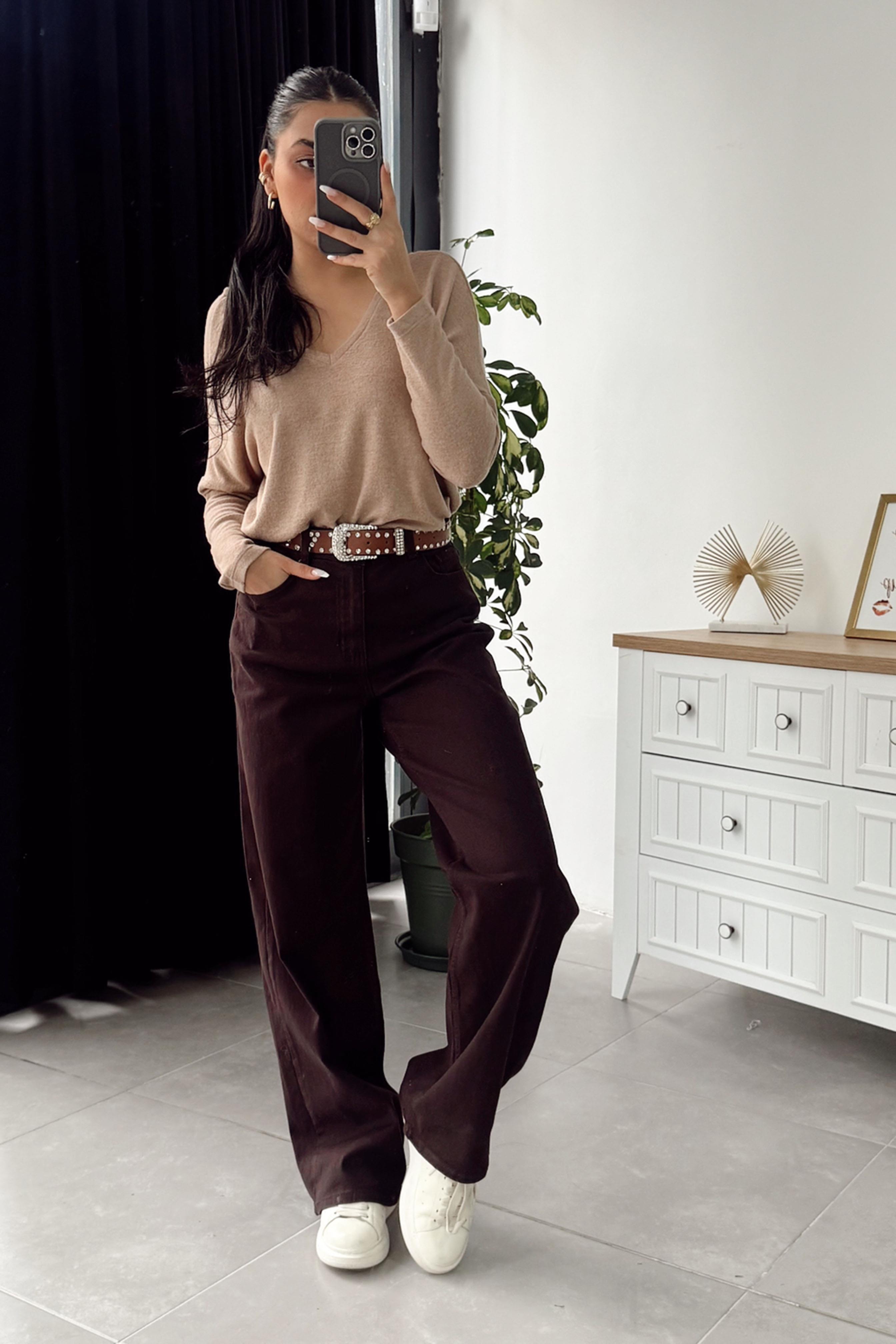 Lüks Kalite Yüksek Bel Wide Leg Jean Pantolon Fındık Kabuğu