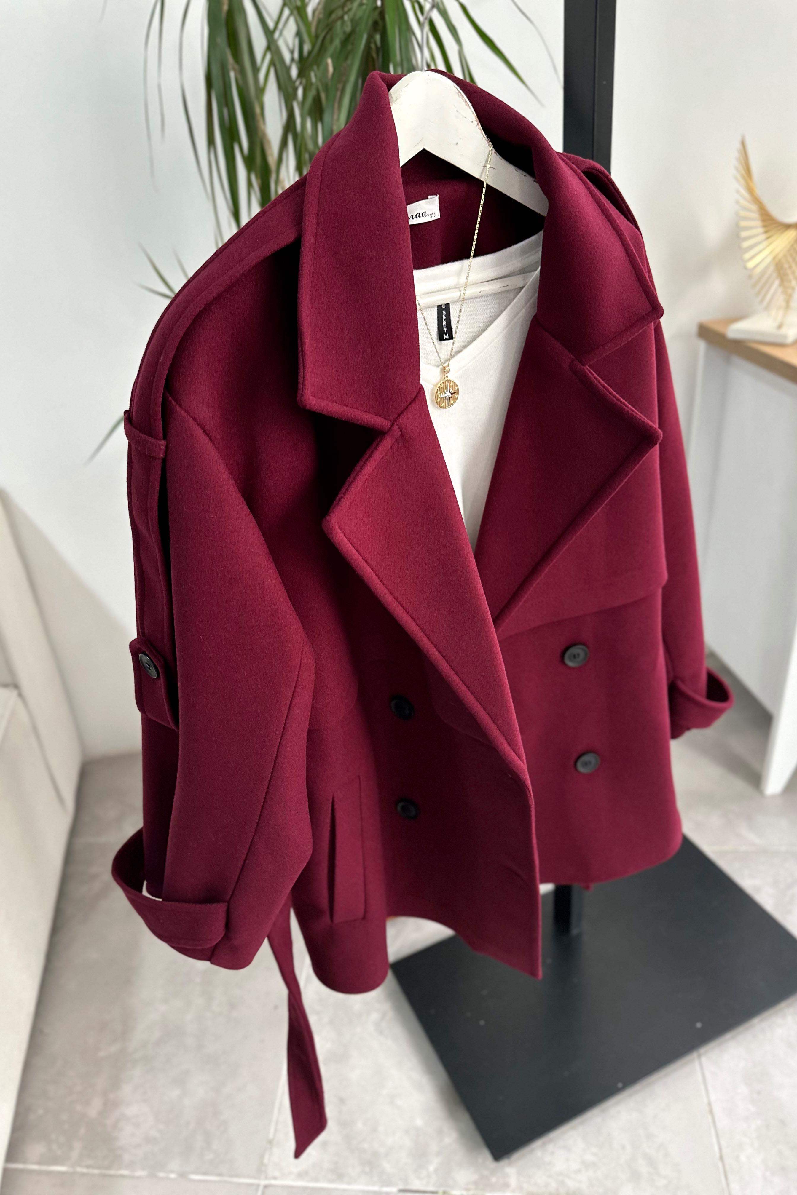 Lüx Kalite Apoletli Kalın Kaşe Kaban Bordo