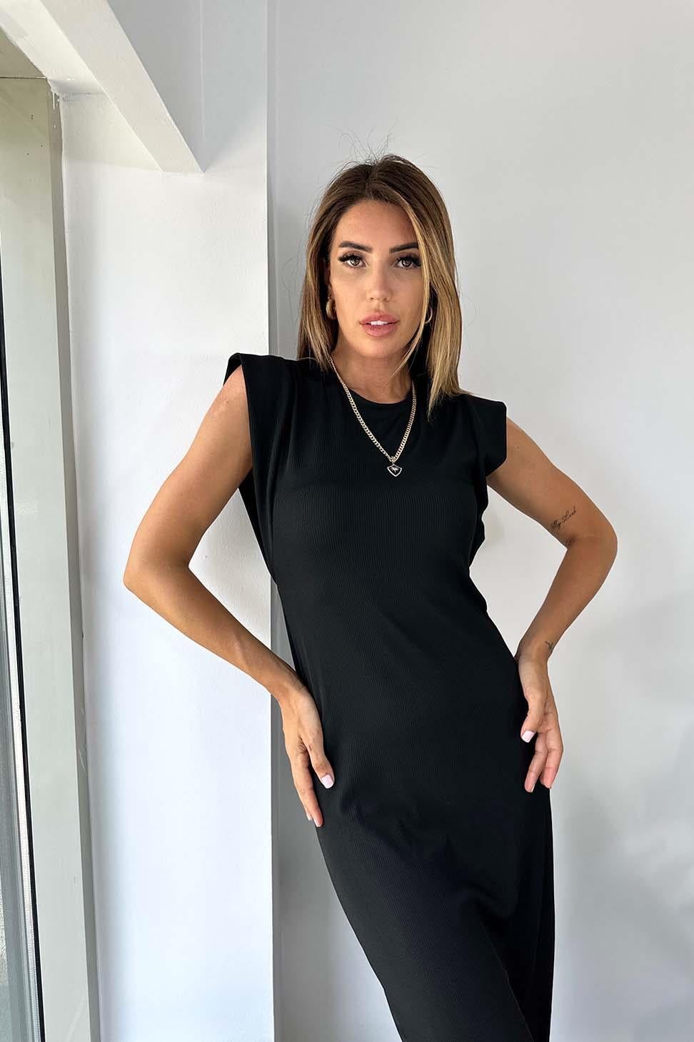 Lüx Kalite Bisiklet Yaka Likralı Uzun Elbise Siyah