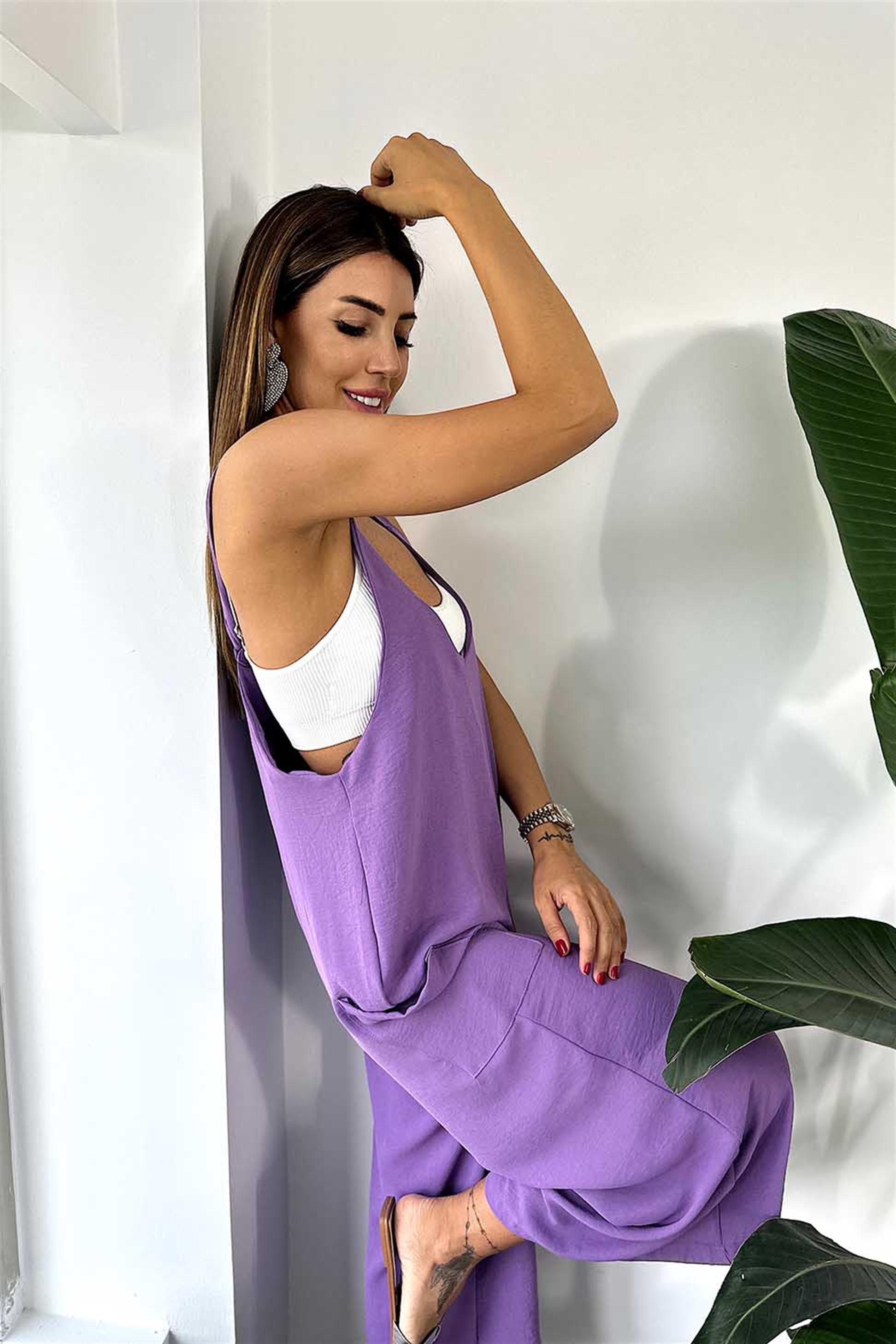 Lüx Kalite Bol Paça Salaş Midi Tulum Lila · 10