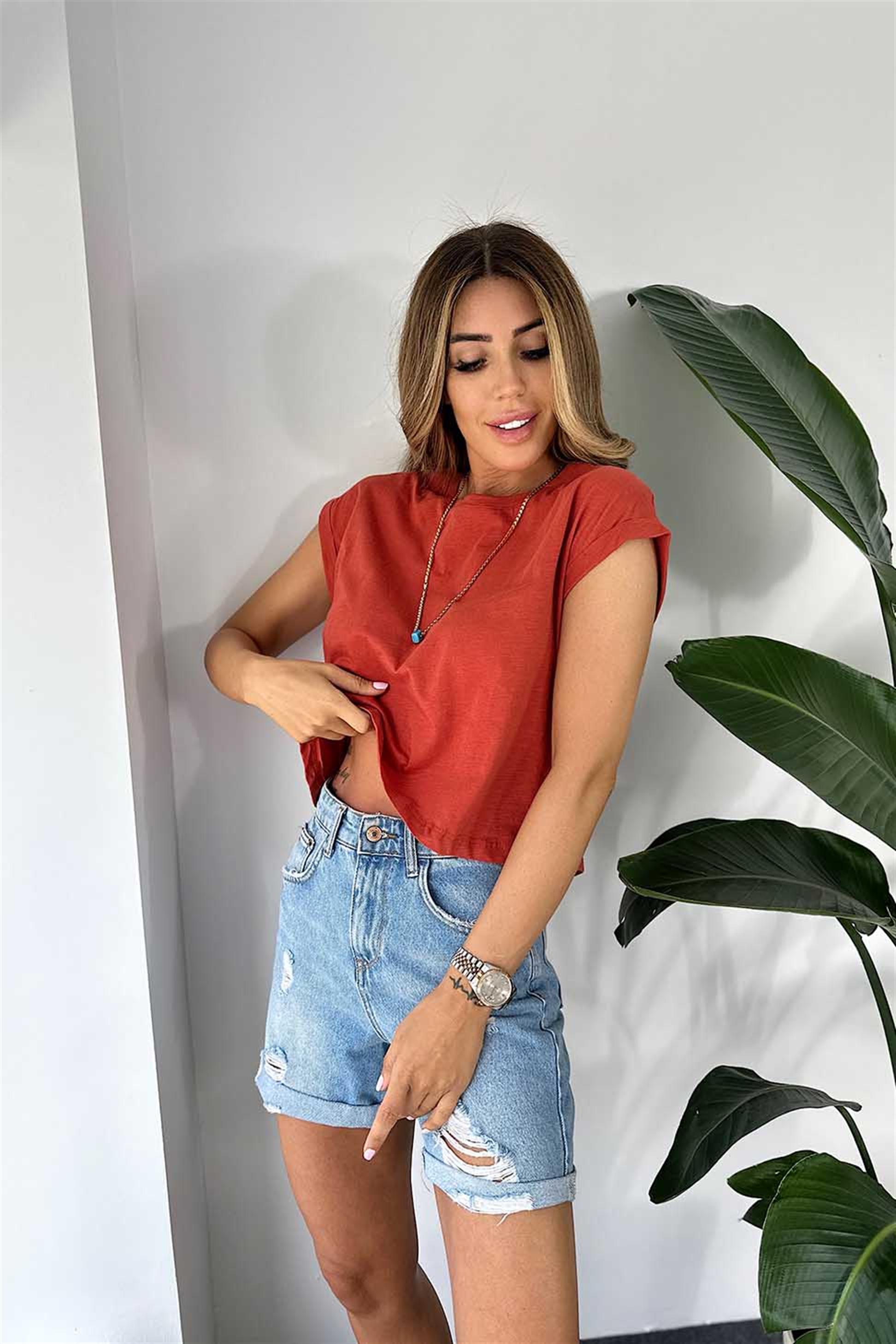 Lüx Kalite Duble Kol Bisiklet Yaka Tişört Kiremit