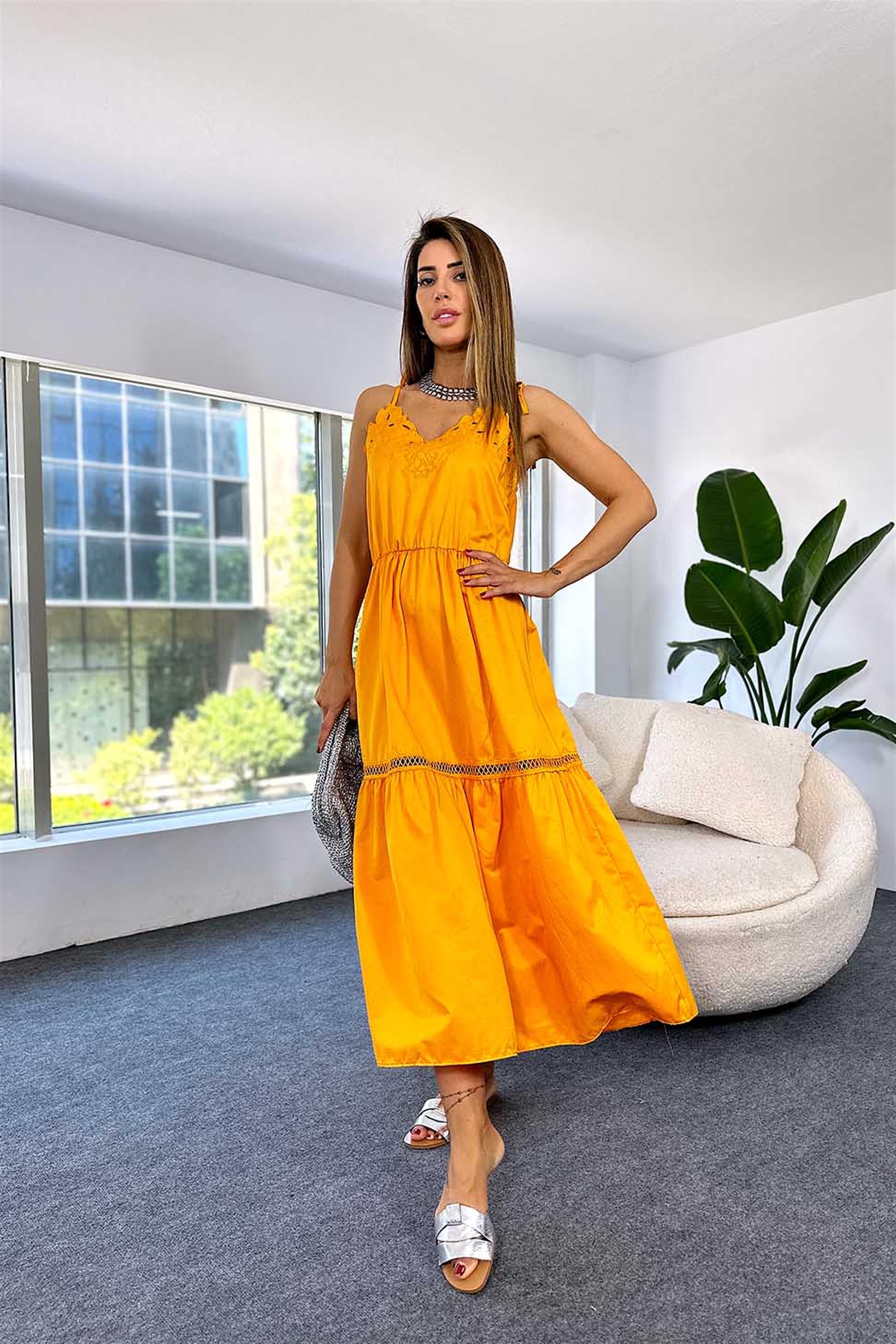 Lüx Kalite Fisto Detaylı Kat Kat Uzun Elbise Kavun İçi