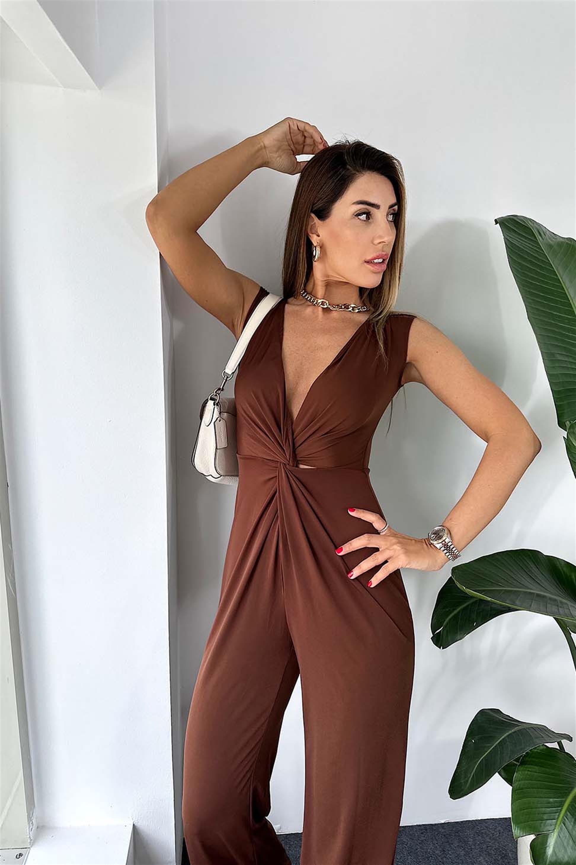 Lüx Kalite Full Likralı Kumaş Sırtı Fermuarlı Kadın Tulum Kahve · 7