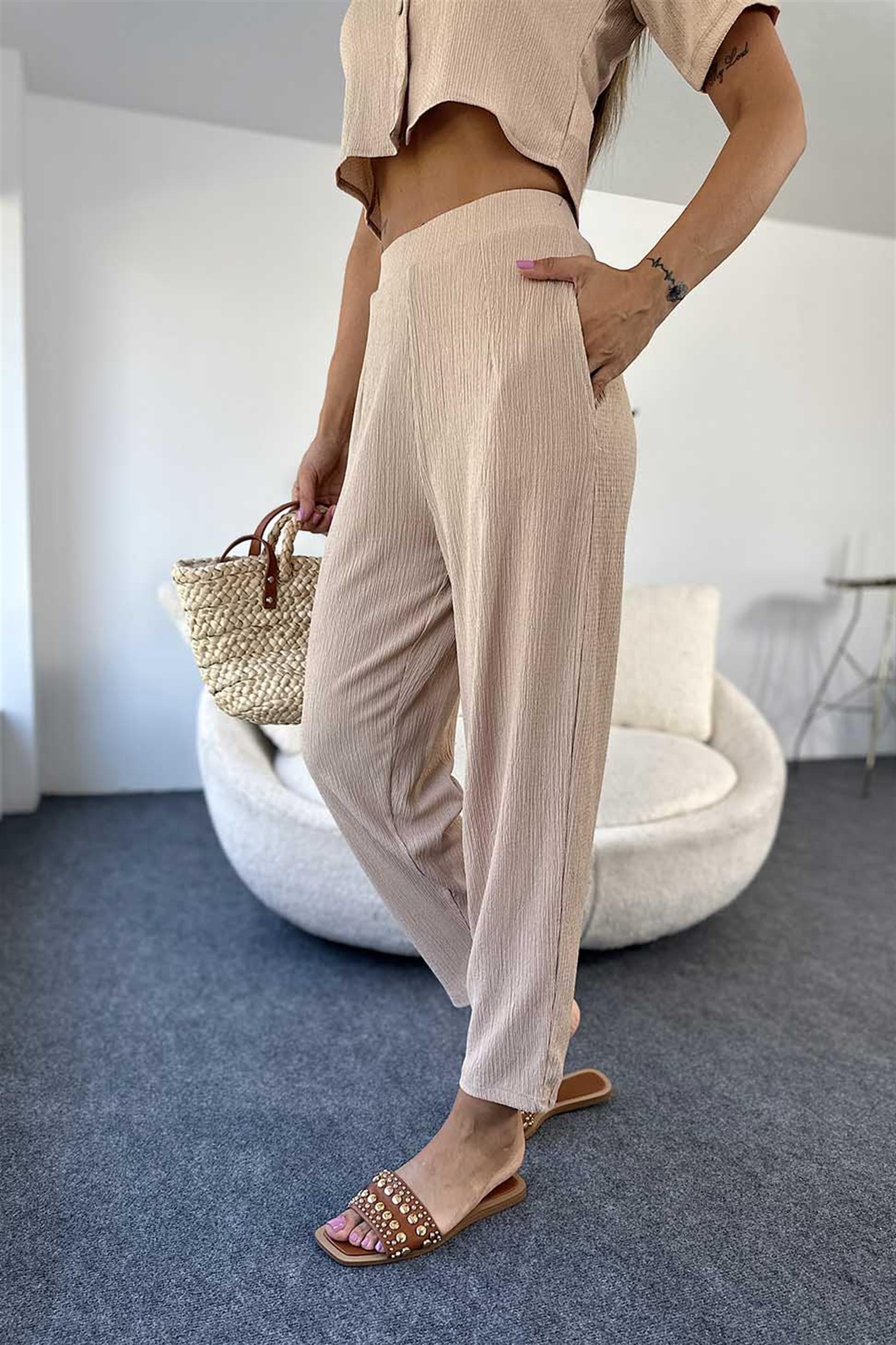 Lüx Kalite Gofre Kumaş Crop Pantolon Salaş Kadın Takım Bej · 11