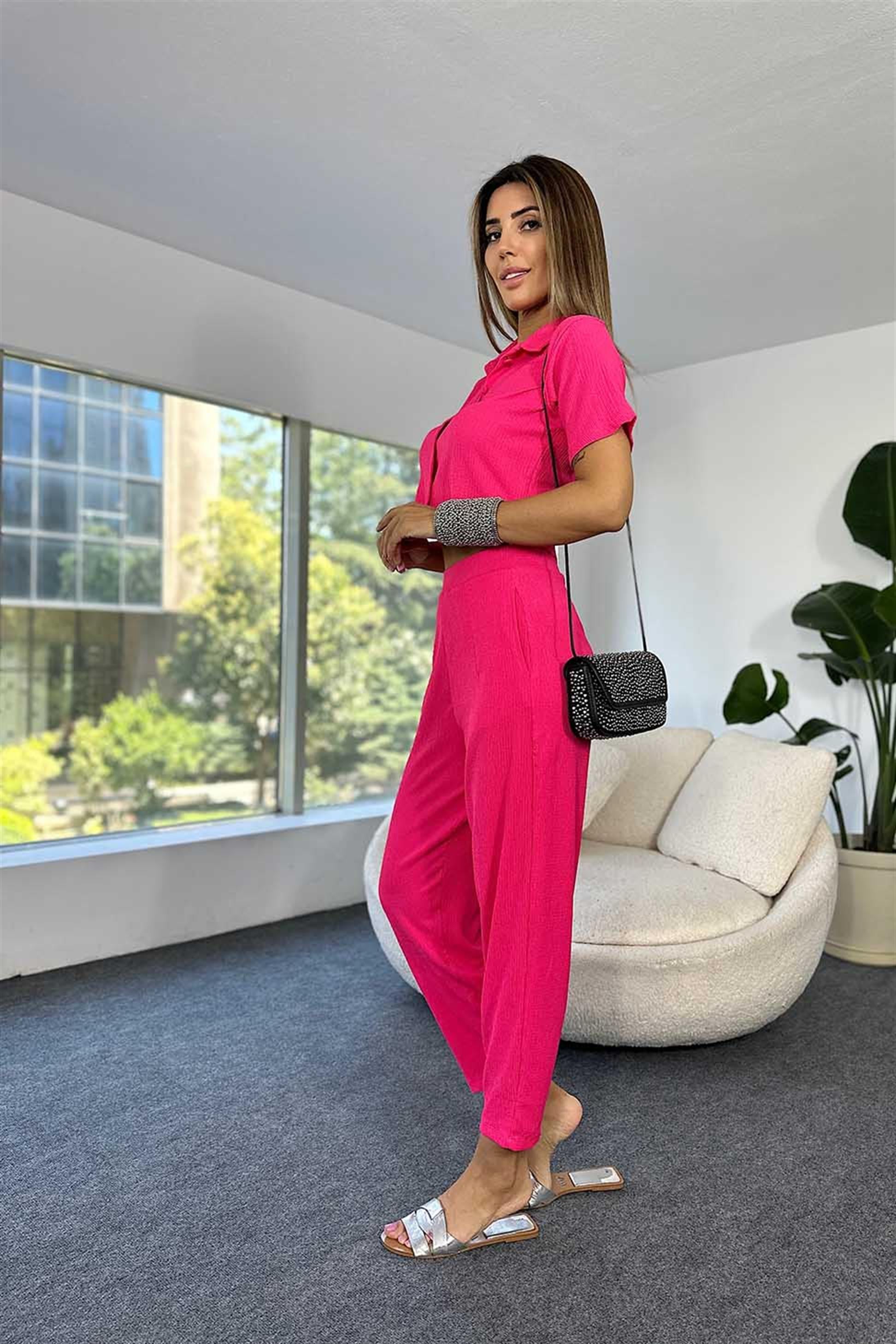 Lüx Kalite Gofre Kumaş Crop Pantolon Salaş Kadın Takım FUŞYA · 6