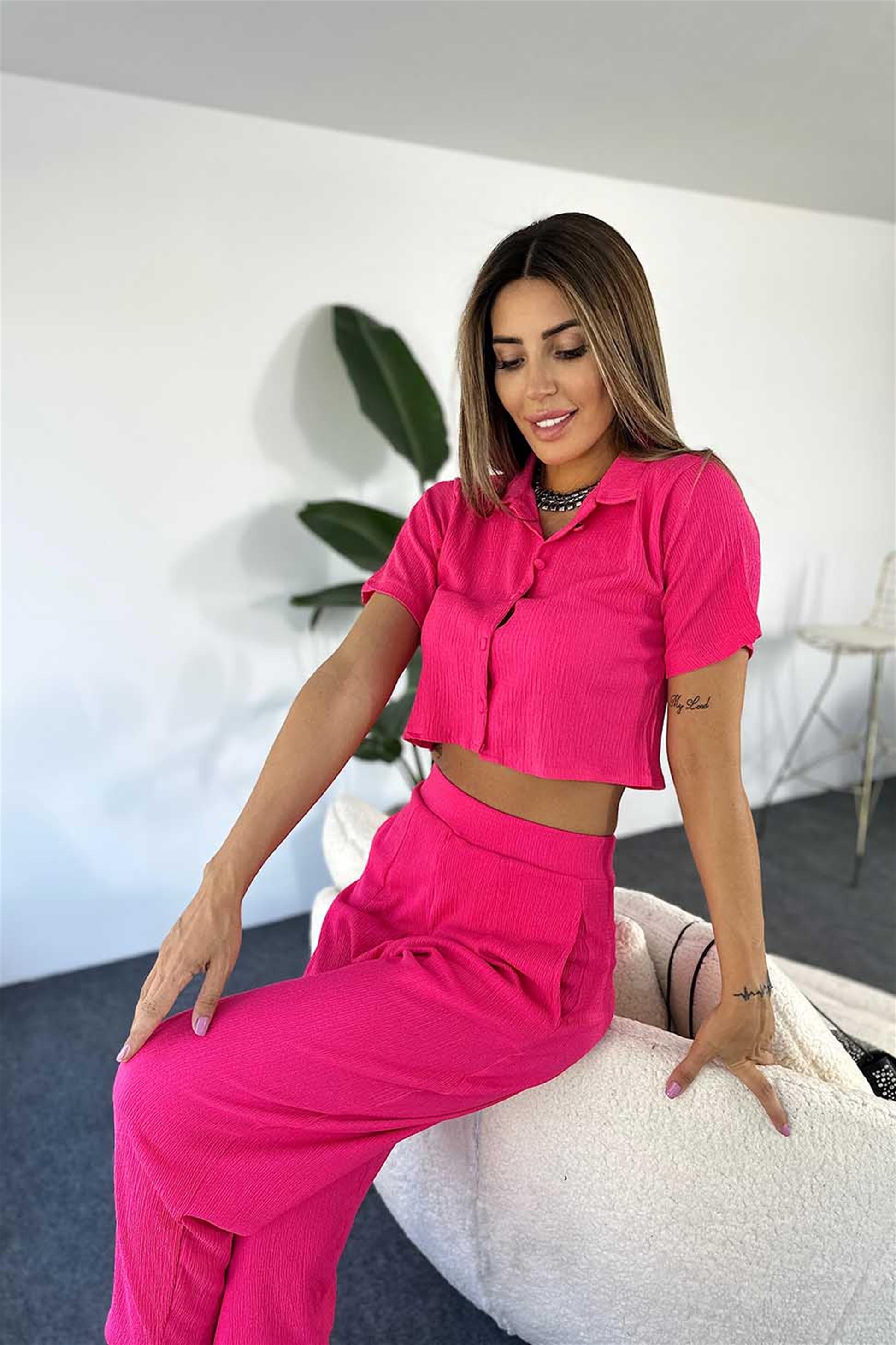 Lüx Kalite Gofre Kumaş Crop Pantolon Salaş Kadın Takım FUŞYA · 7