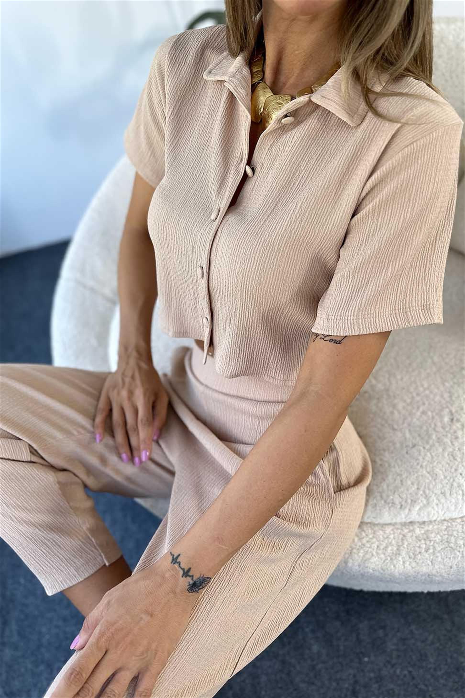 Lüx Kalite Gofre Kumaş Crop Pantolon Salaş Kadın Takım Bej · 10