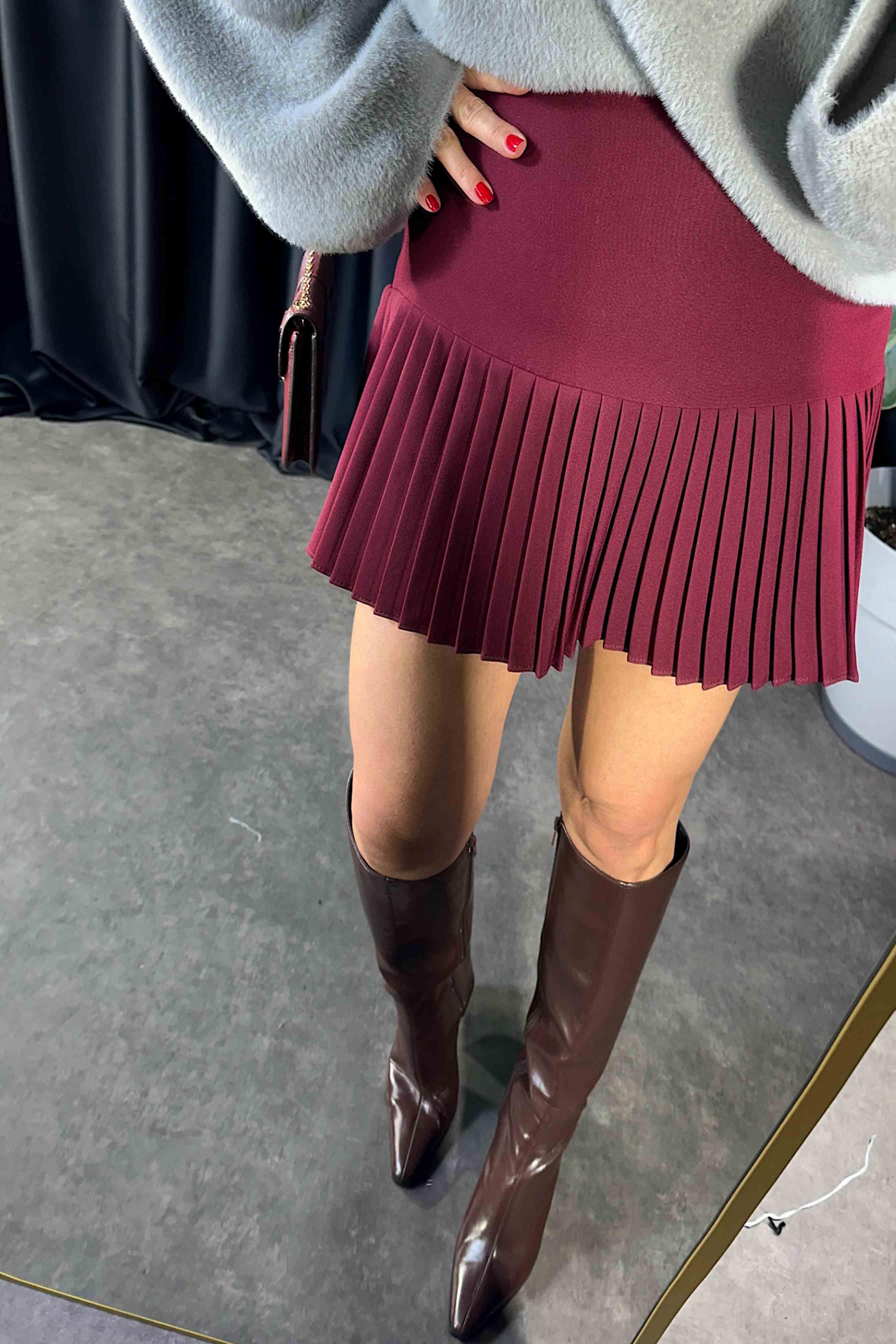 Lüx Kalite Klasik Kumaş Pliseli Etek Bordo