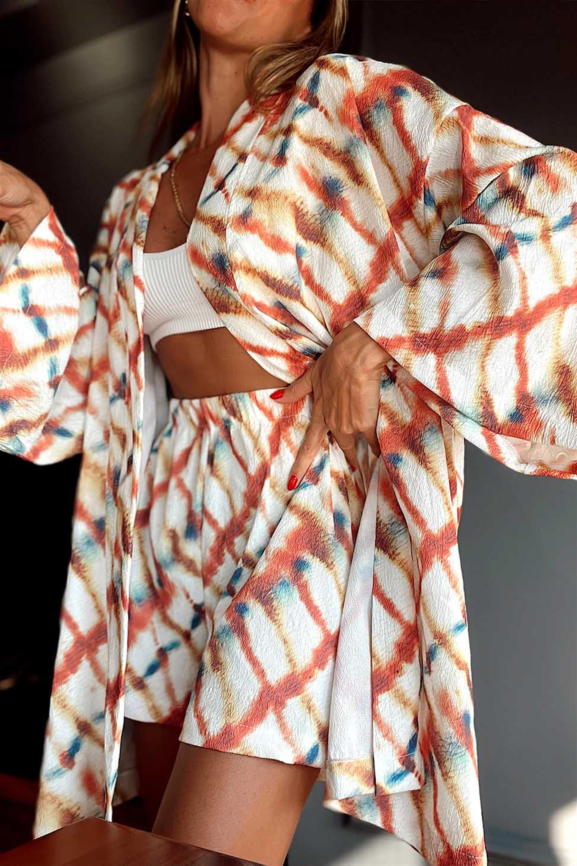 Lüx Kalite Krep Kumaş Çizgili Kimono Şort Kadın Takım Renkli · 11