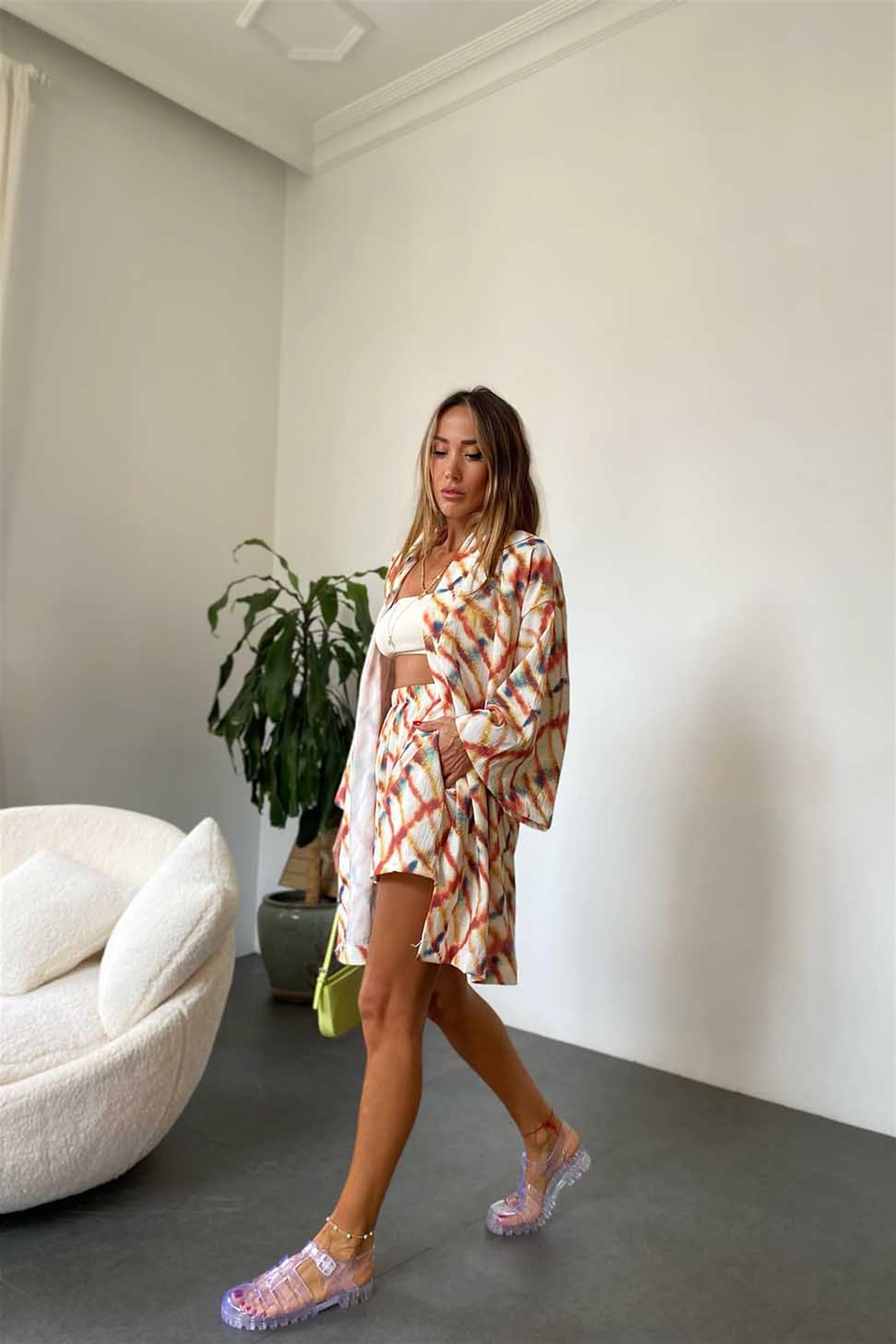 Lüx Kalite Krep Kumaş Çizgili Kimono Şort Kadın Takım Renkli