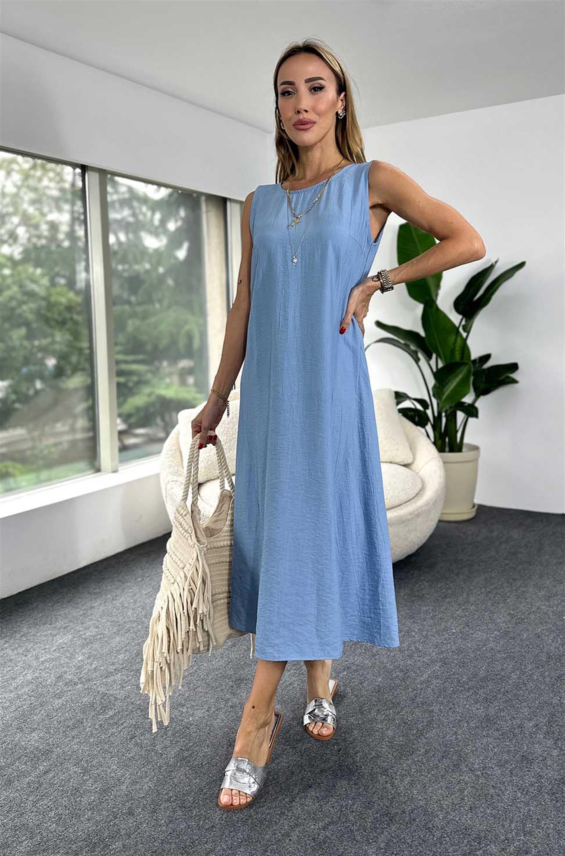 Lüx Kalite Modal Kumaş Kolsuz Çan Elbise Mavi