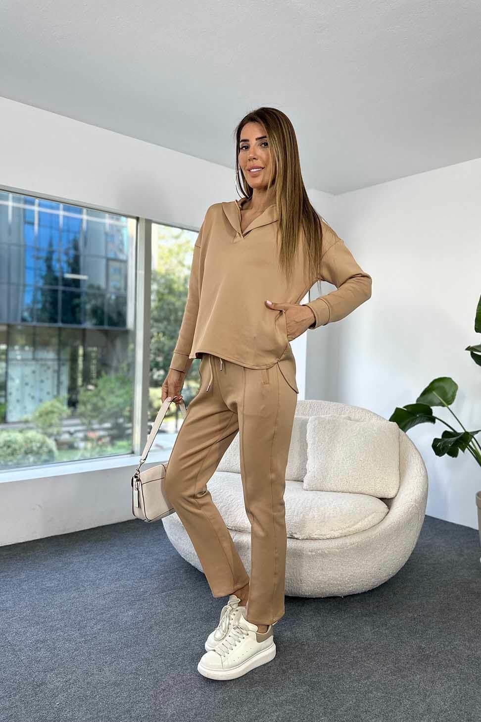 Lüx Kalite Scuba Kumaş Kapüşonlu Kadın Eşofman Takım Camel