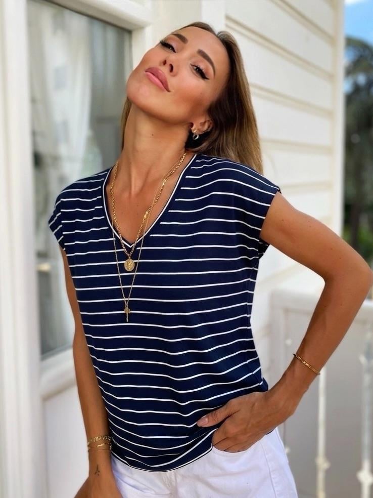 Marine Çizgili V Yaka Soft Basic Tshirt Lacivert