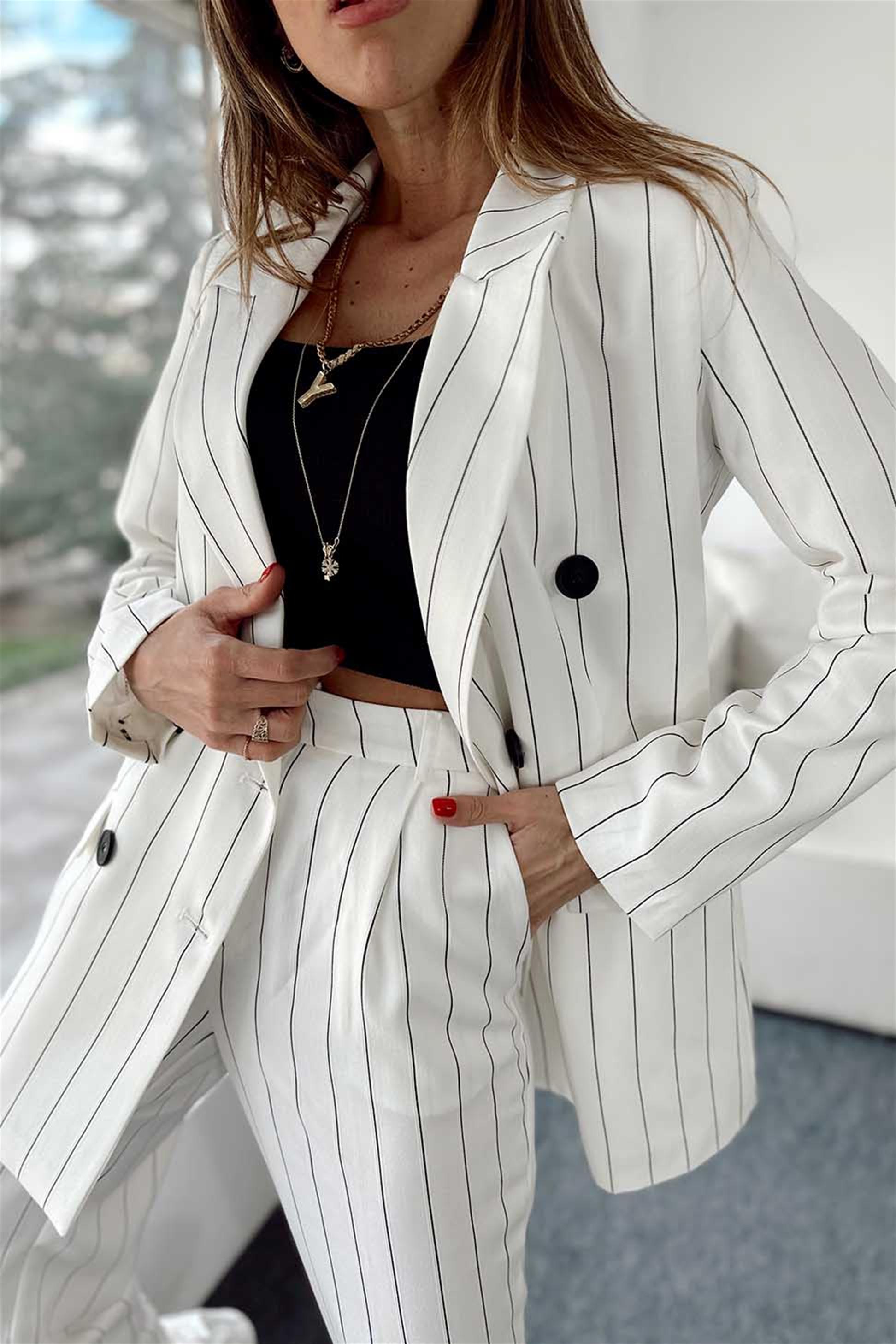 Marka Model Astarlı Ceket Pantolon Çizgili İkili Kadın Takım Ekru - Butik  Gardrop