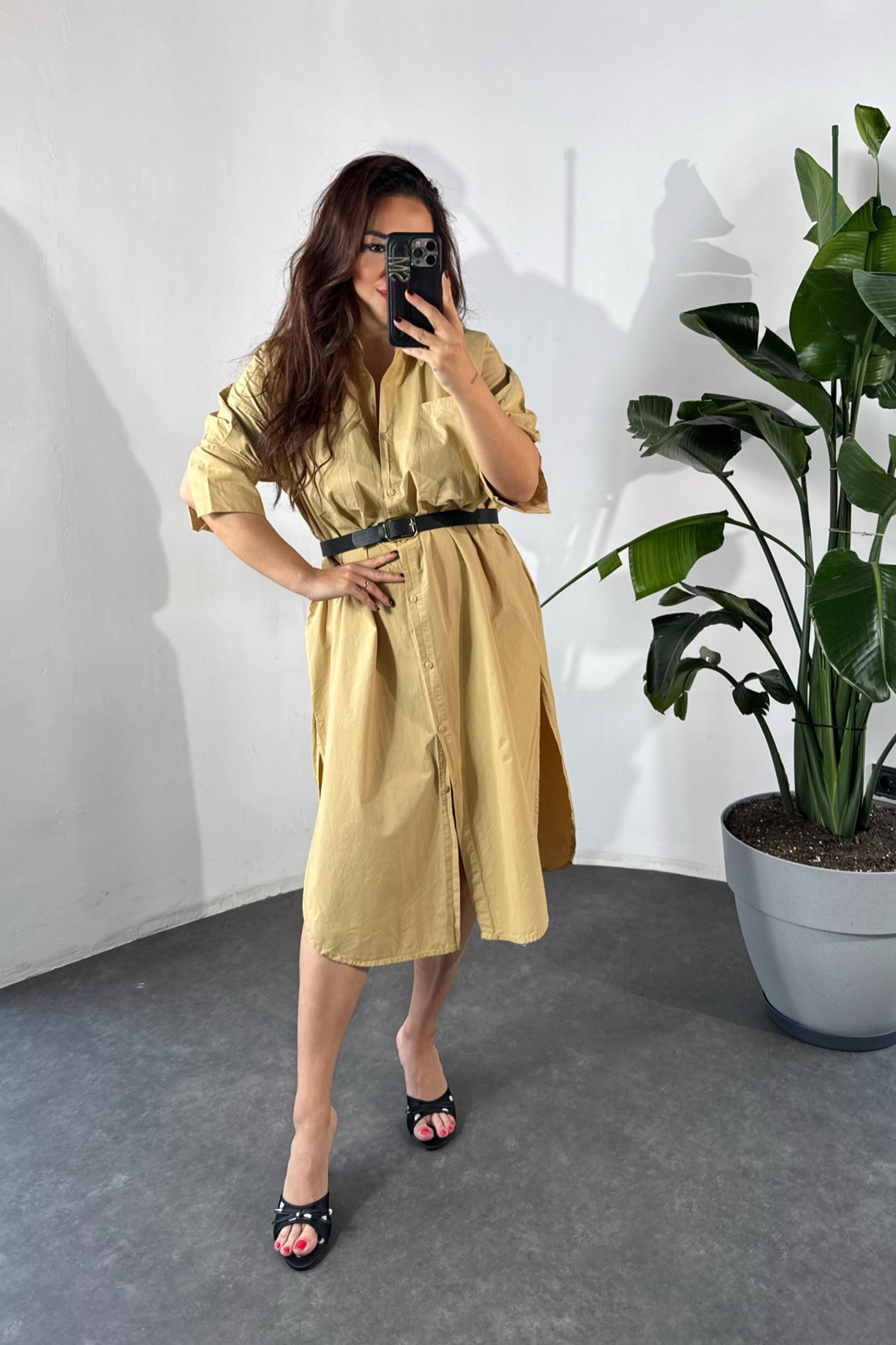 Marka Model Cep Detaylı Gömlek Elbise Camel