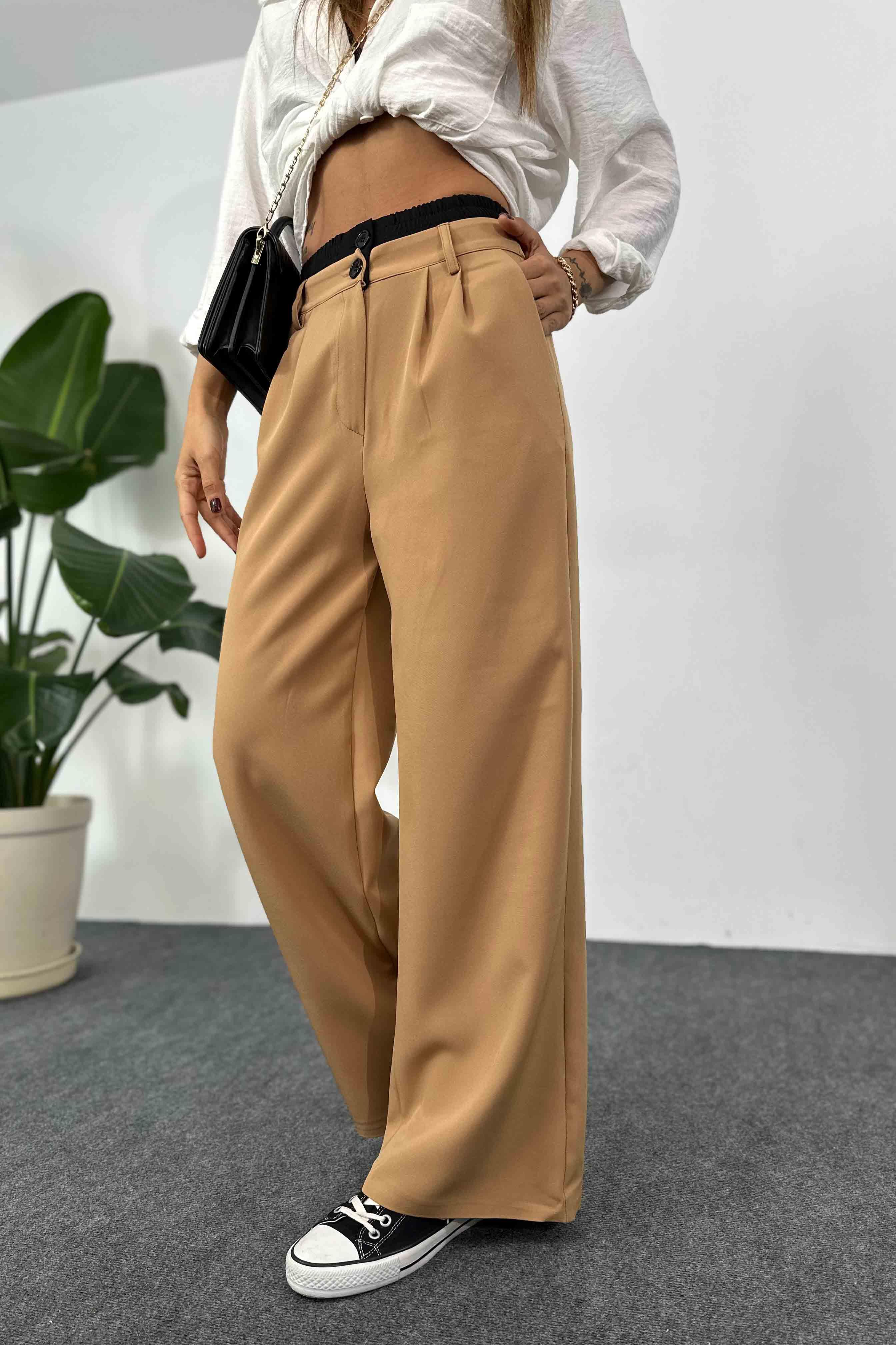 Marka Model Çift Bel Bantlı Tasarım Kadın Pantolon Camel · 7
