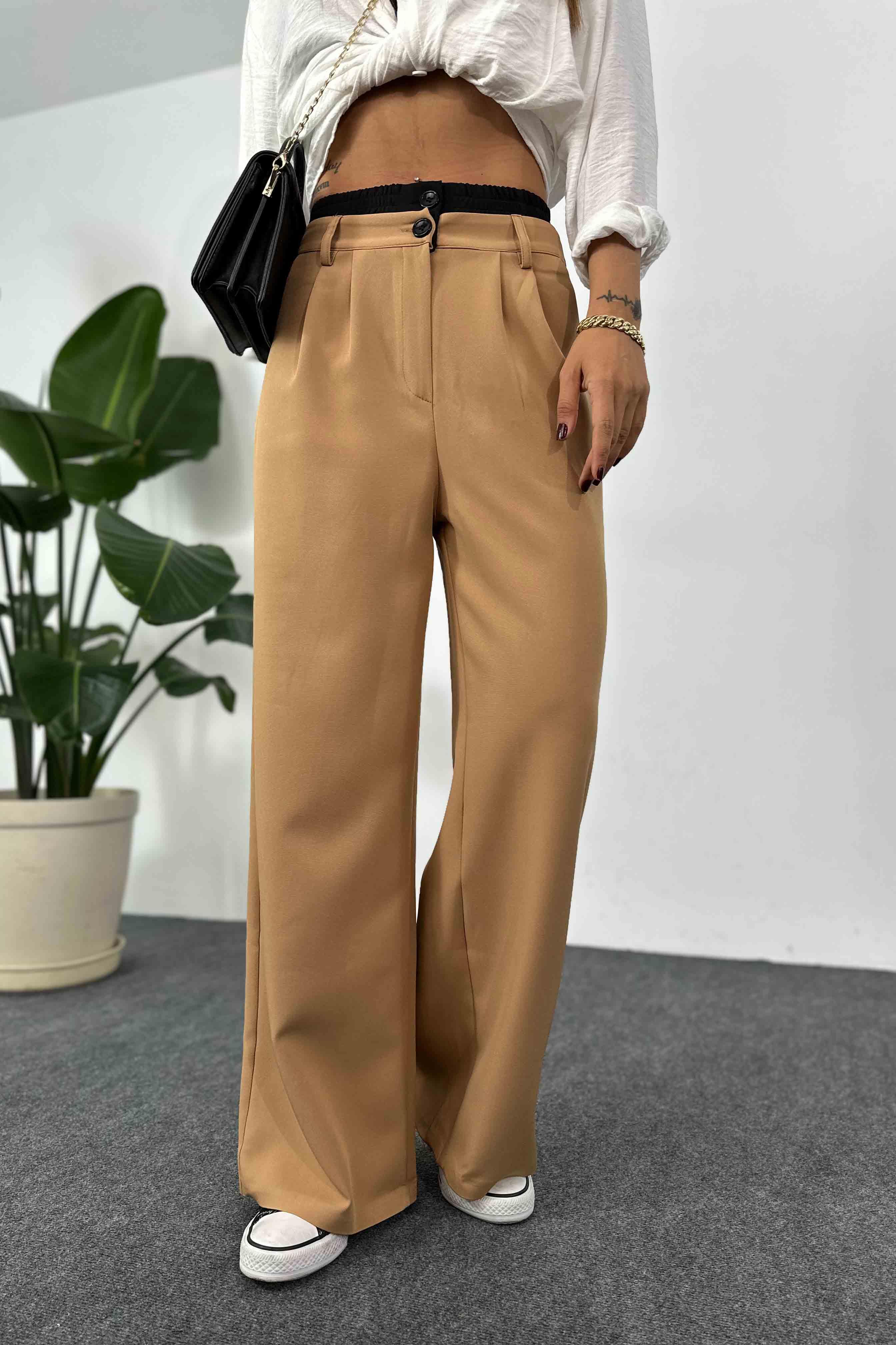 Marka Model Çift Bel Bantlı Tasarım Kadın Pantolon Camel · 2
