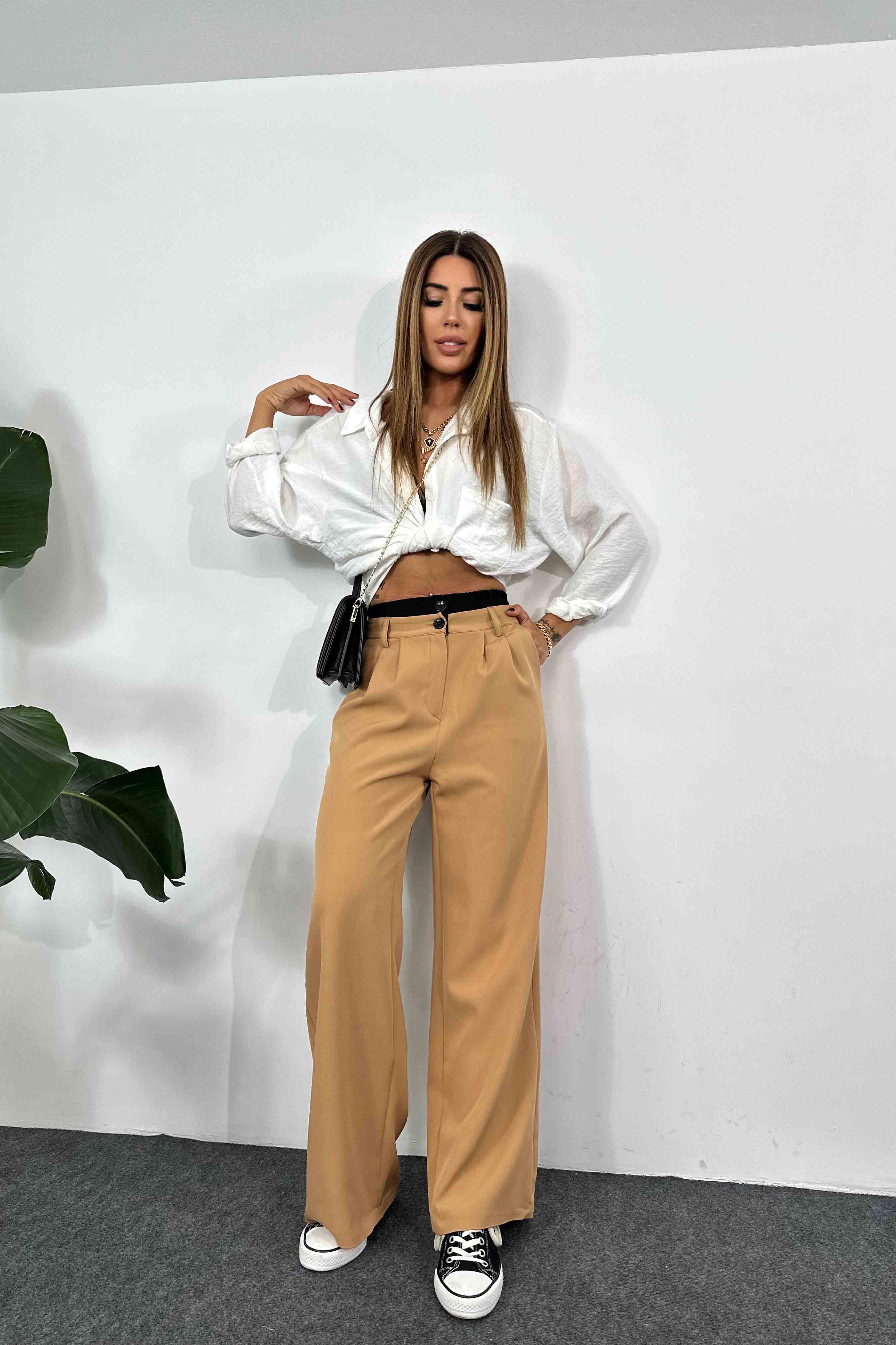 Marka Model Çift Bel Bantlı Tasarım Kadın Pantolon Camel