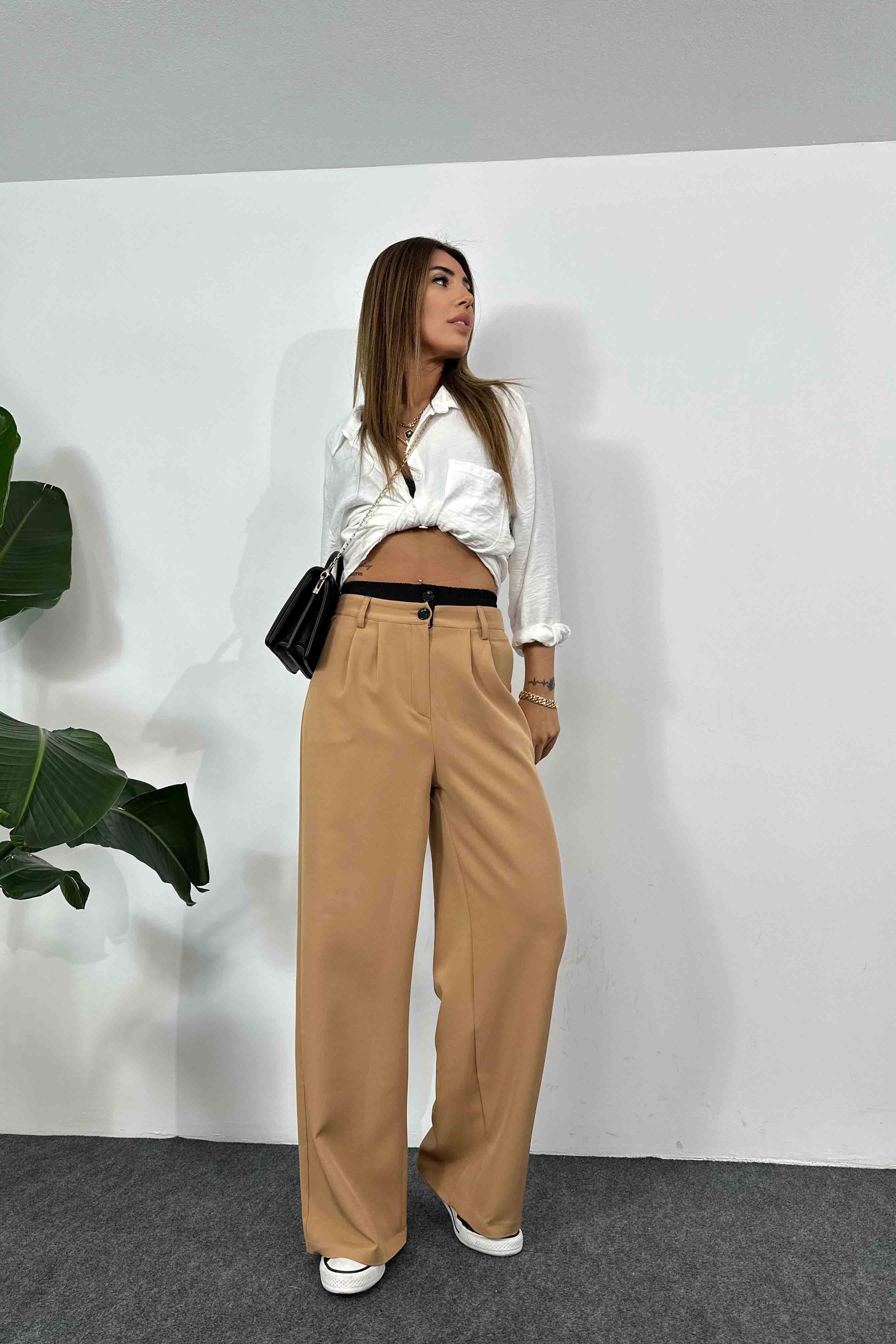 Marka Model Çift Bel Bantlı Tasarım Kadın Pantolon Camel · 4