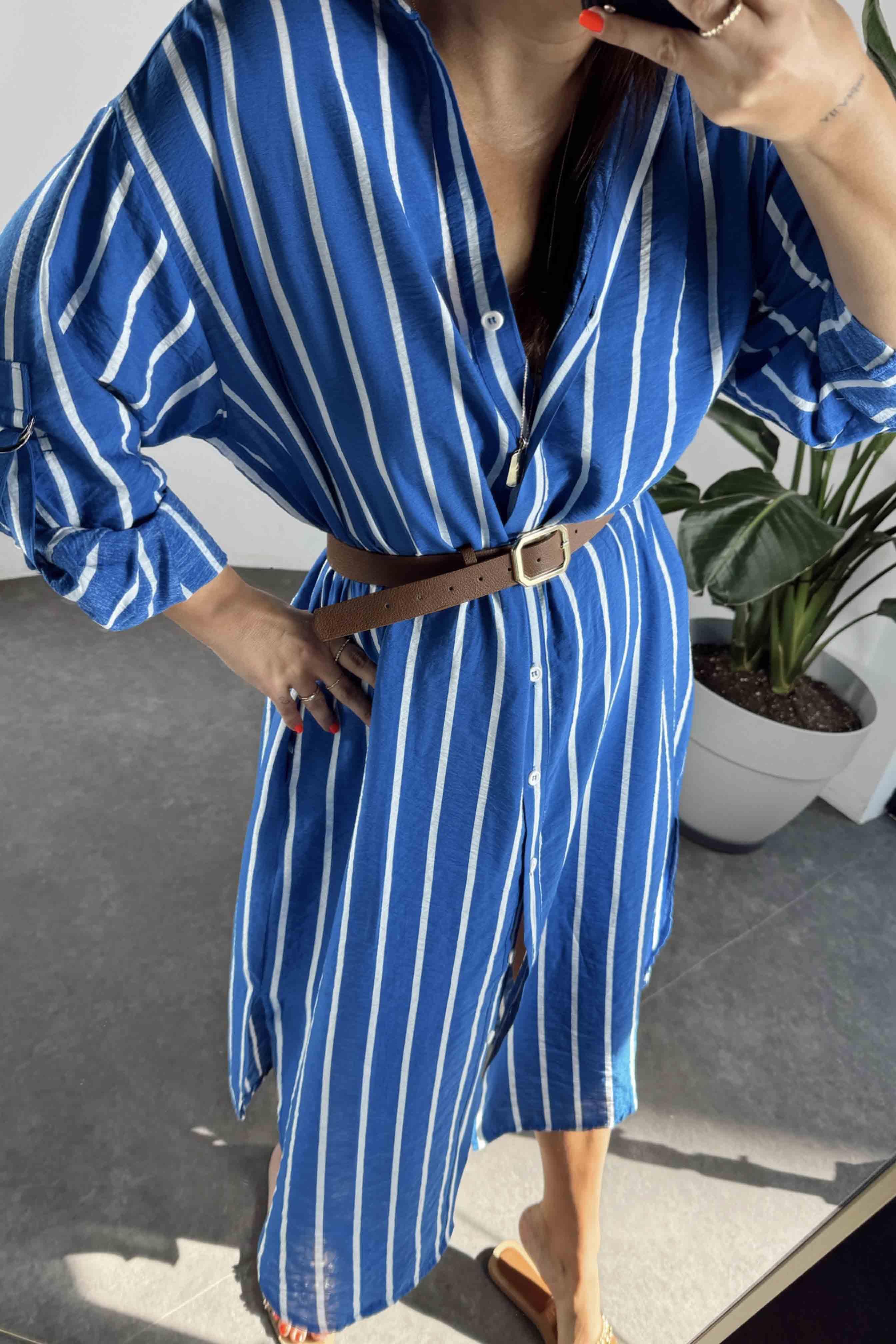 Marka Model Çizgili Uzun Elbise Mavi