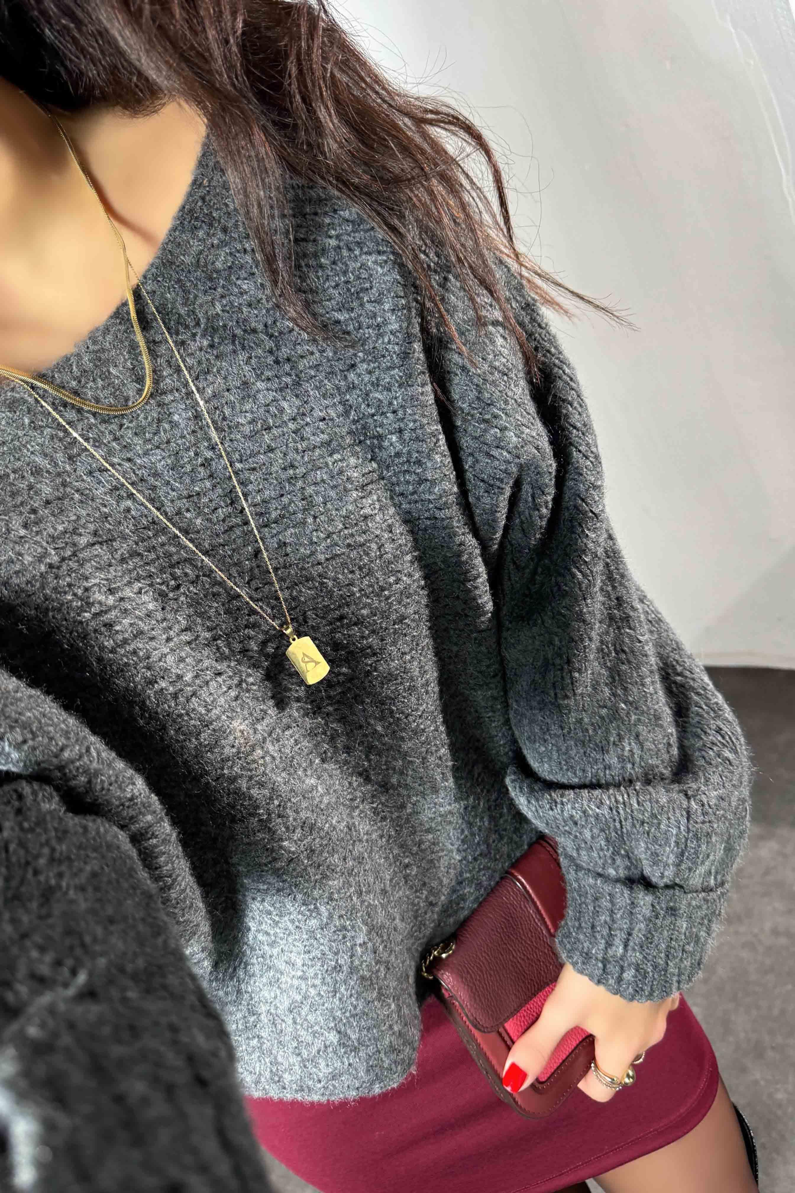 Marka Model Kayık Yaka Duble Kol Yumoş Örme Kazak Antrasit