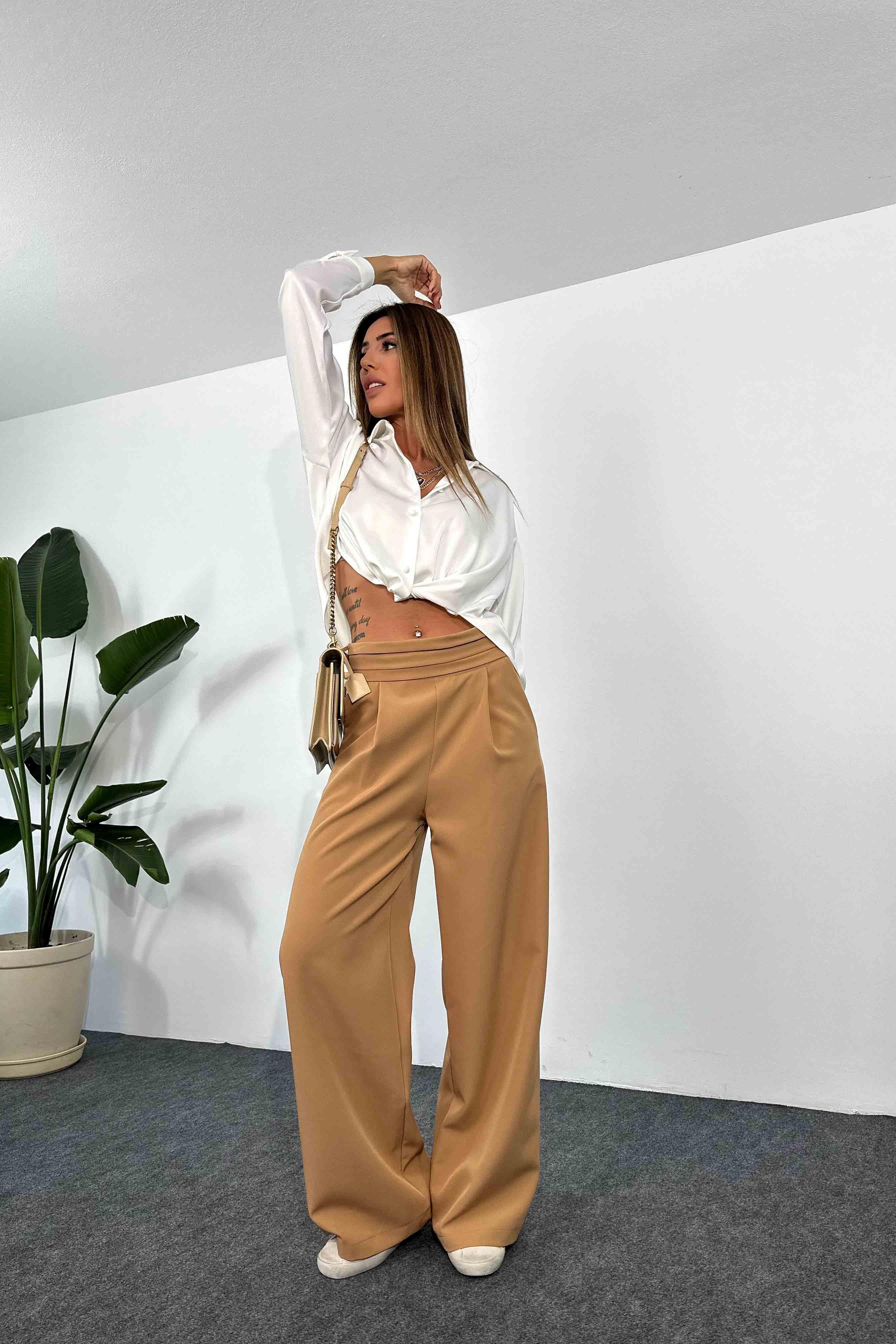 Marka Model Krep Kumaş Beli Pileli Tasarım Palazzo Pantolon Camel · 4