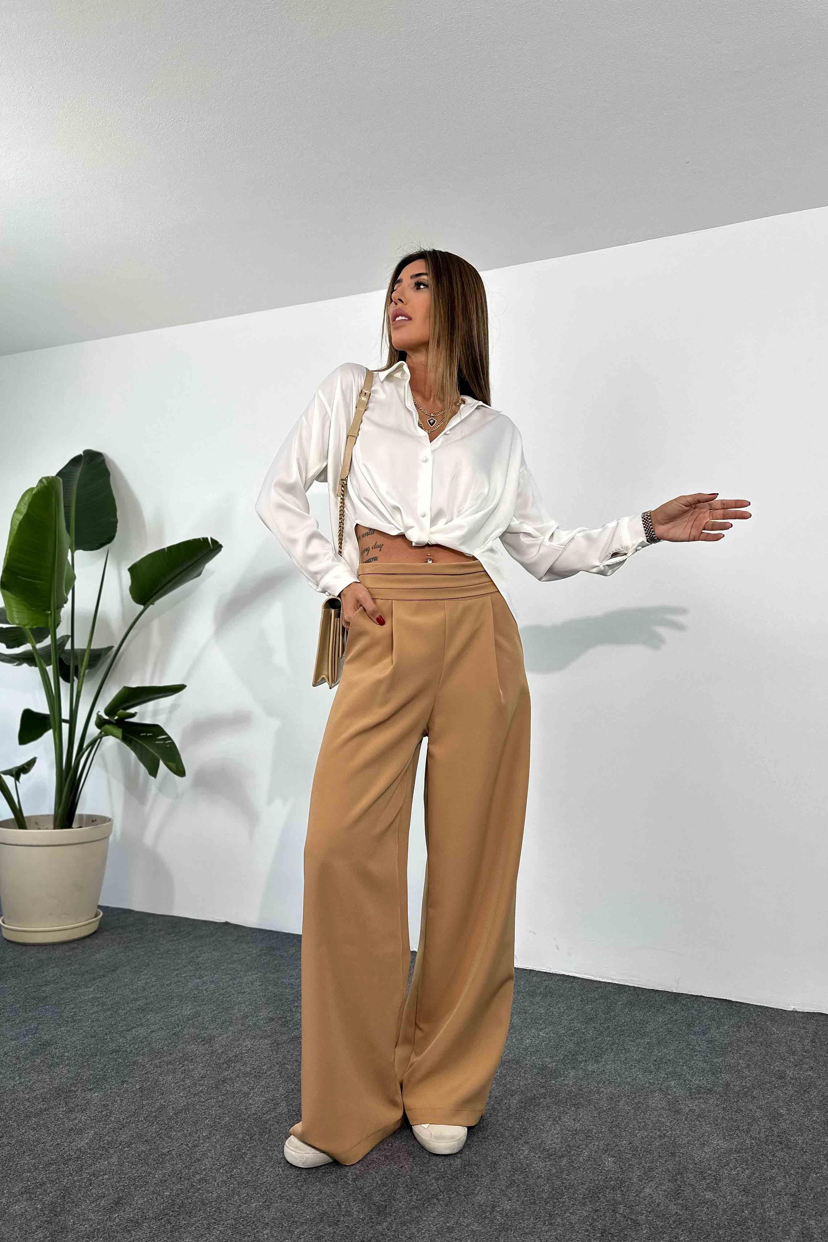 Marka Model Krep Kumaş Beli Pileli Tasarım Palazzo Pantolon Camel