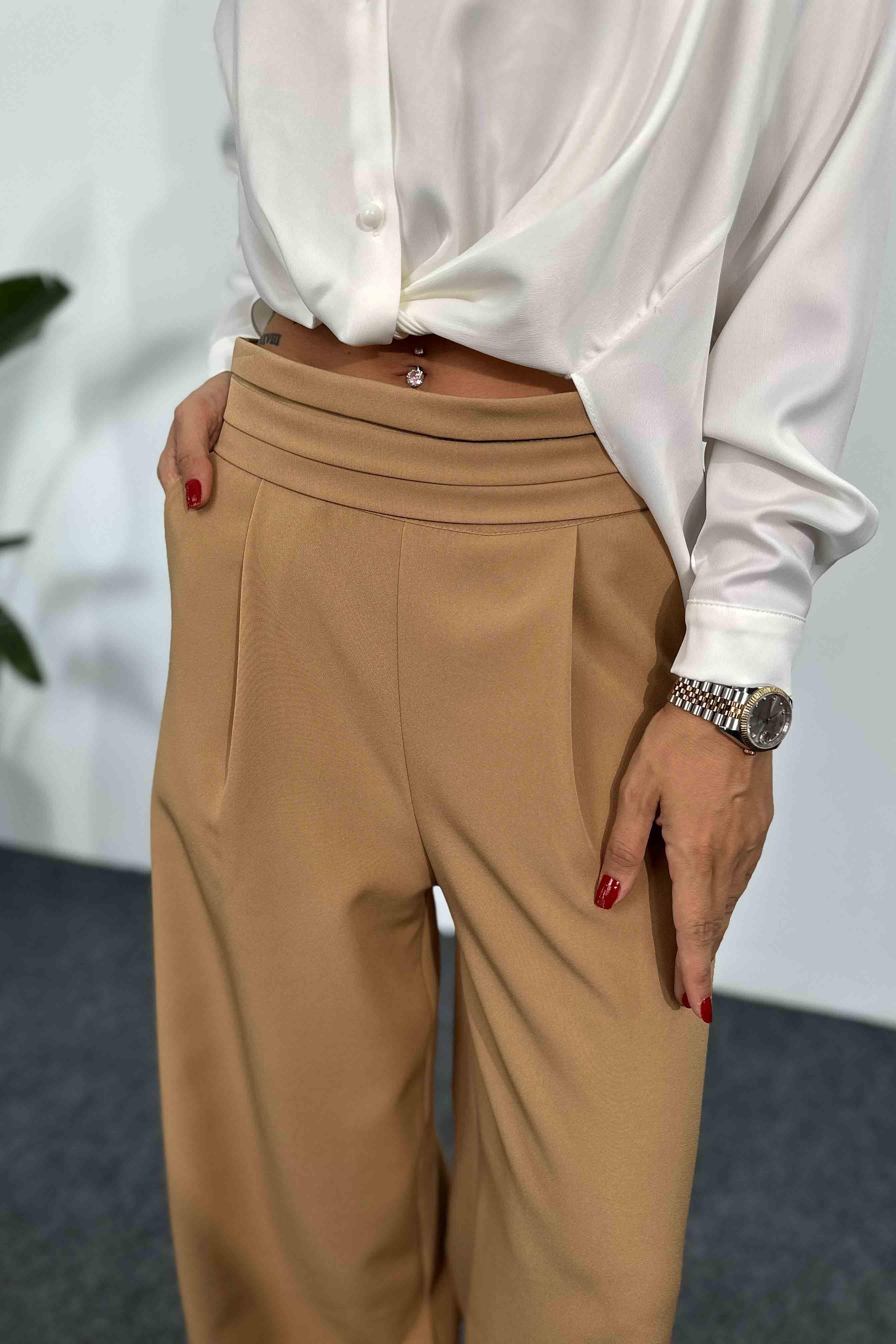 Marka Model Krep Kumaş Beli Pileli Tasarım Palazzo Pantolon Camel · 2