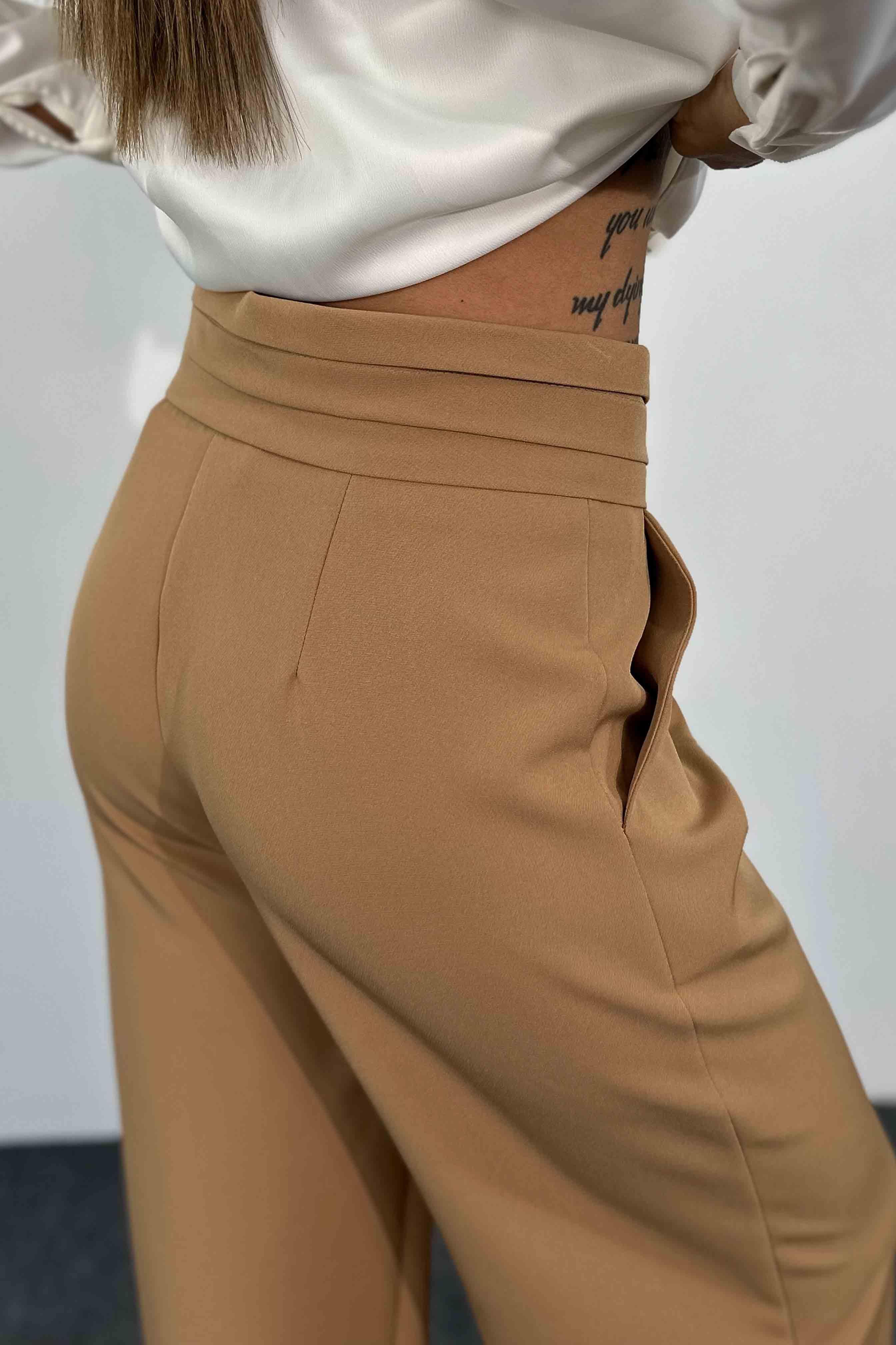 Marka Model Krep Kumaş Beli Pileli Tasarım Palazzo Pantolon Camel · 3