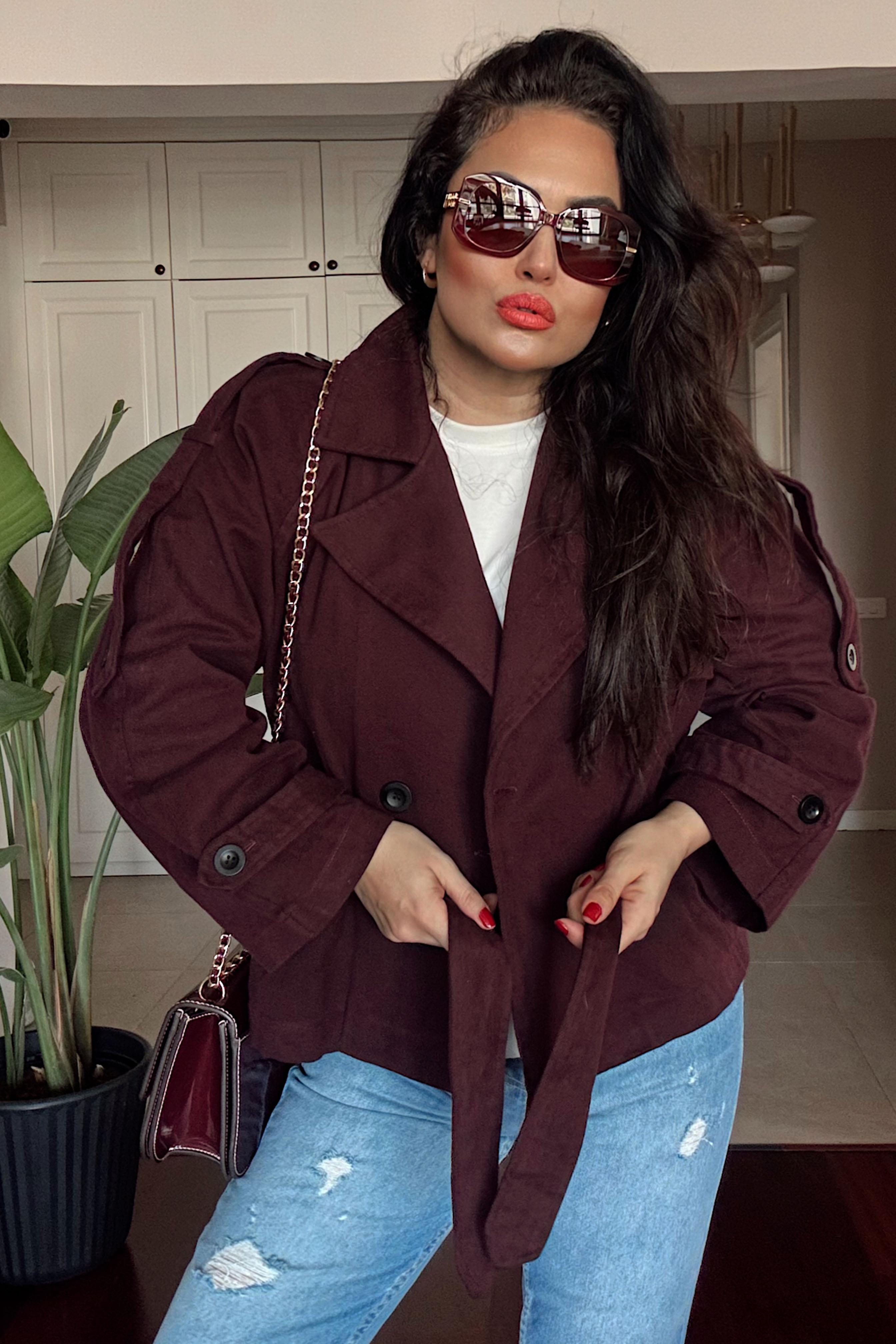 Marka Model Kuşaklı Gabardin Kısa Trençkot Mürdüm