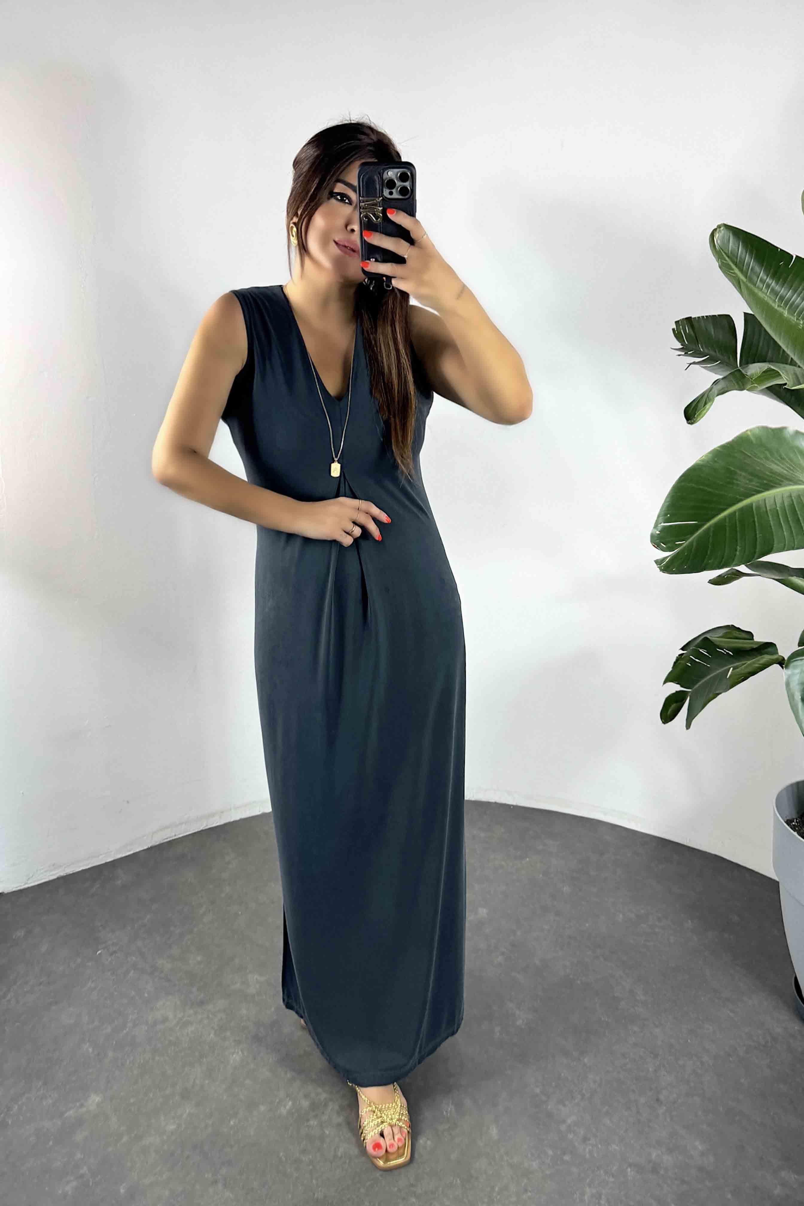 Marka Model Modal Kumaş V Yakalı Elbise Füme